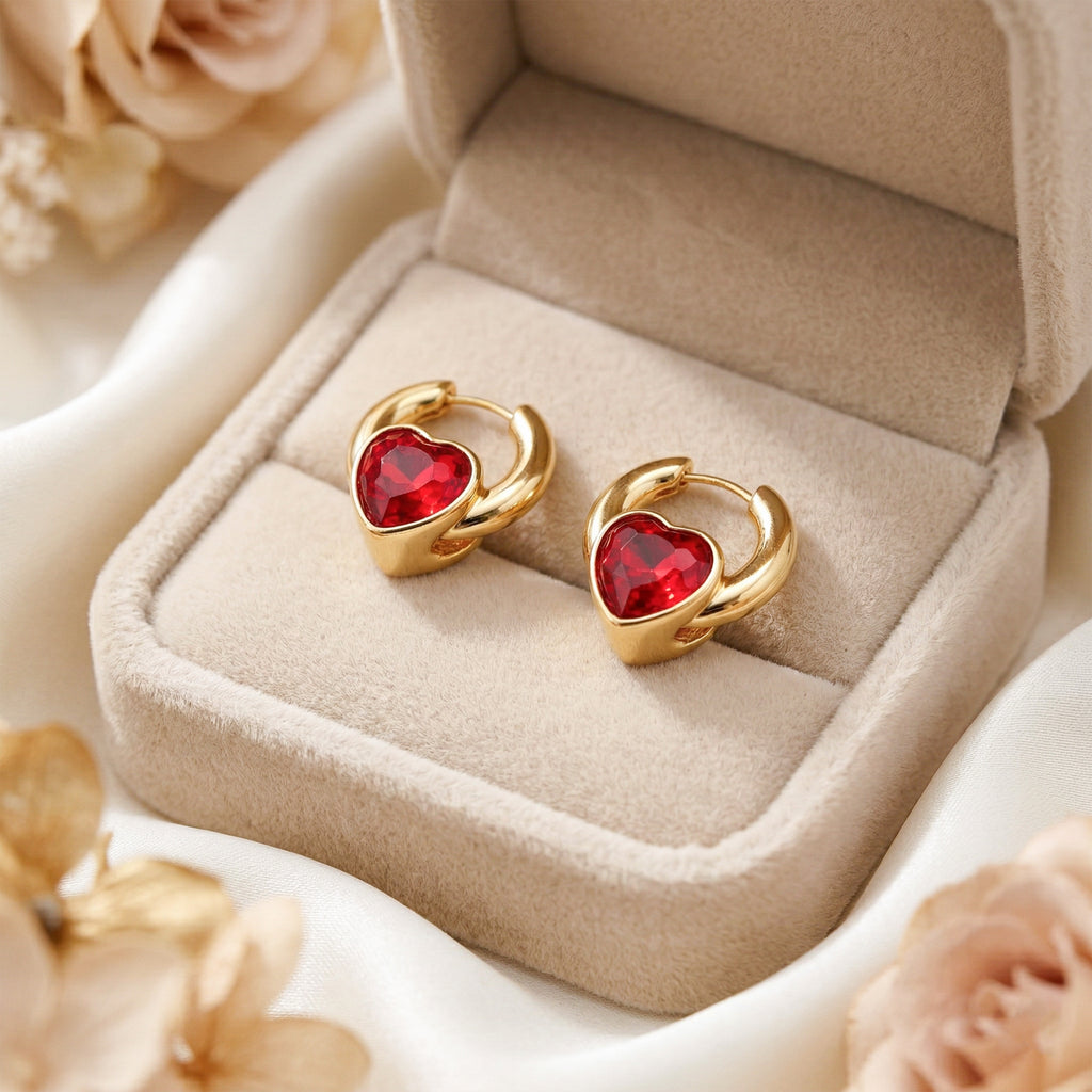 Ruby Heart Hoop Earrings GWE -69