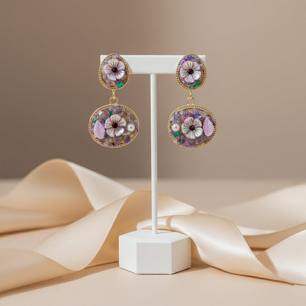 Lavender Floral Stone Drop Earrings GWE -244