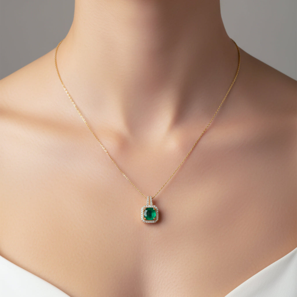 Green Square Halo Pendant Necklace GWN -157