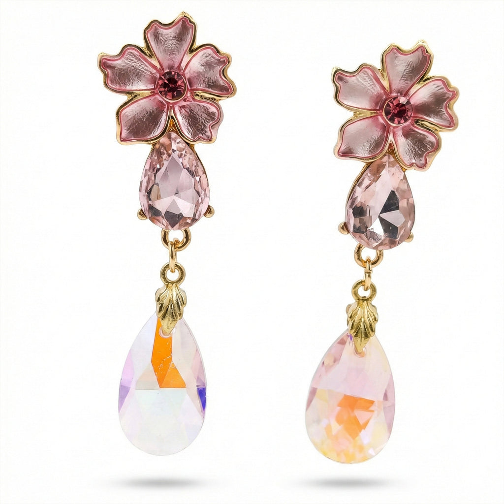 Pink Floral Crystal Drop Earrings GWE -176