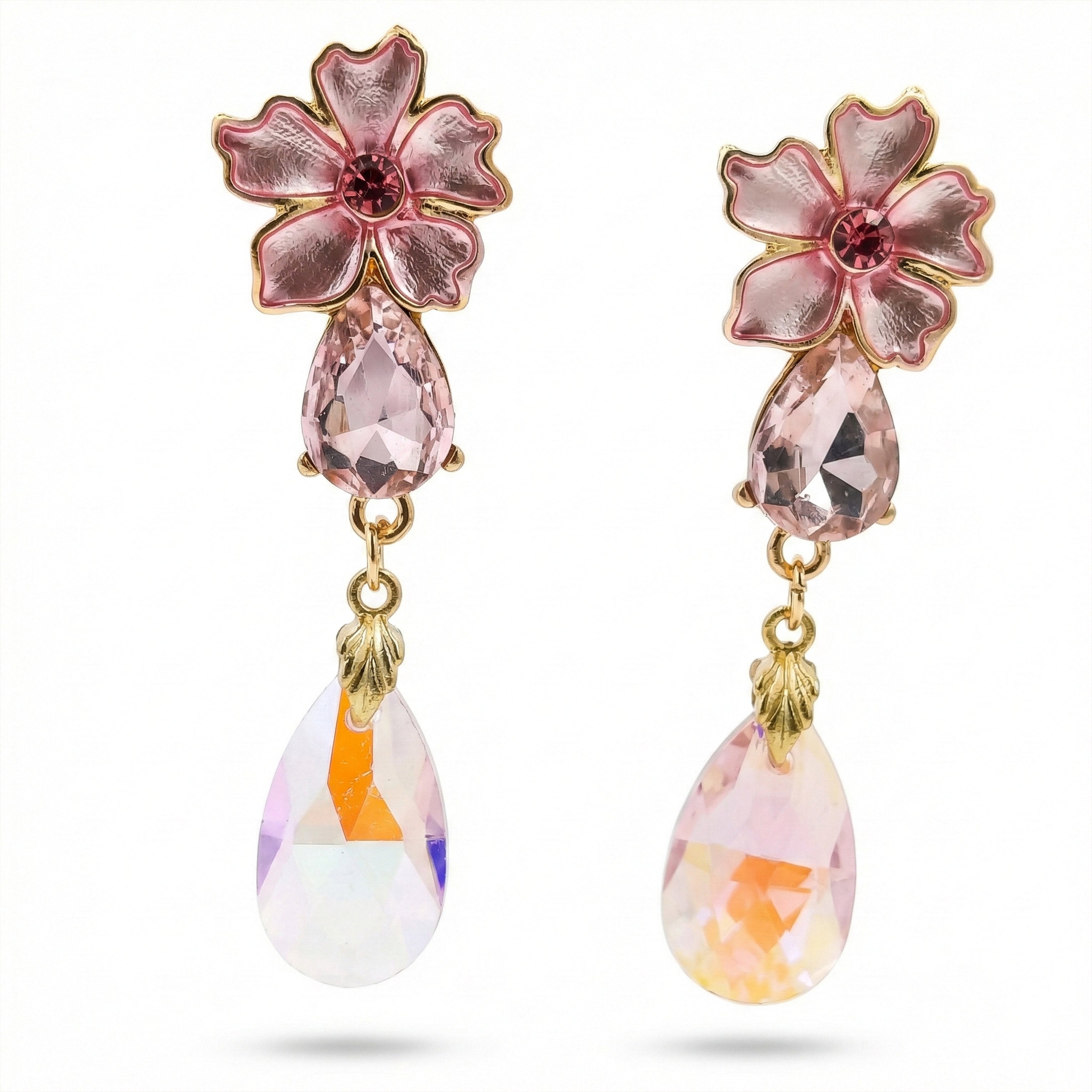 Pink Floral Crystal Drop Earrings GWE -176