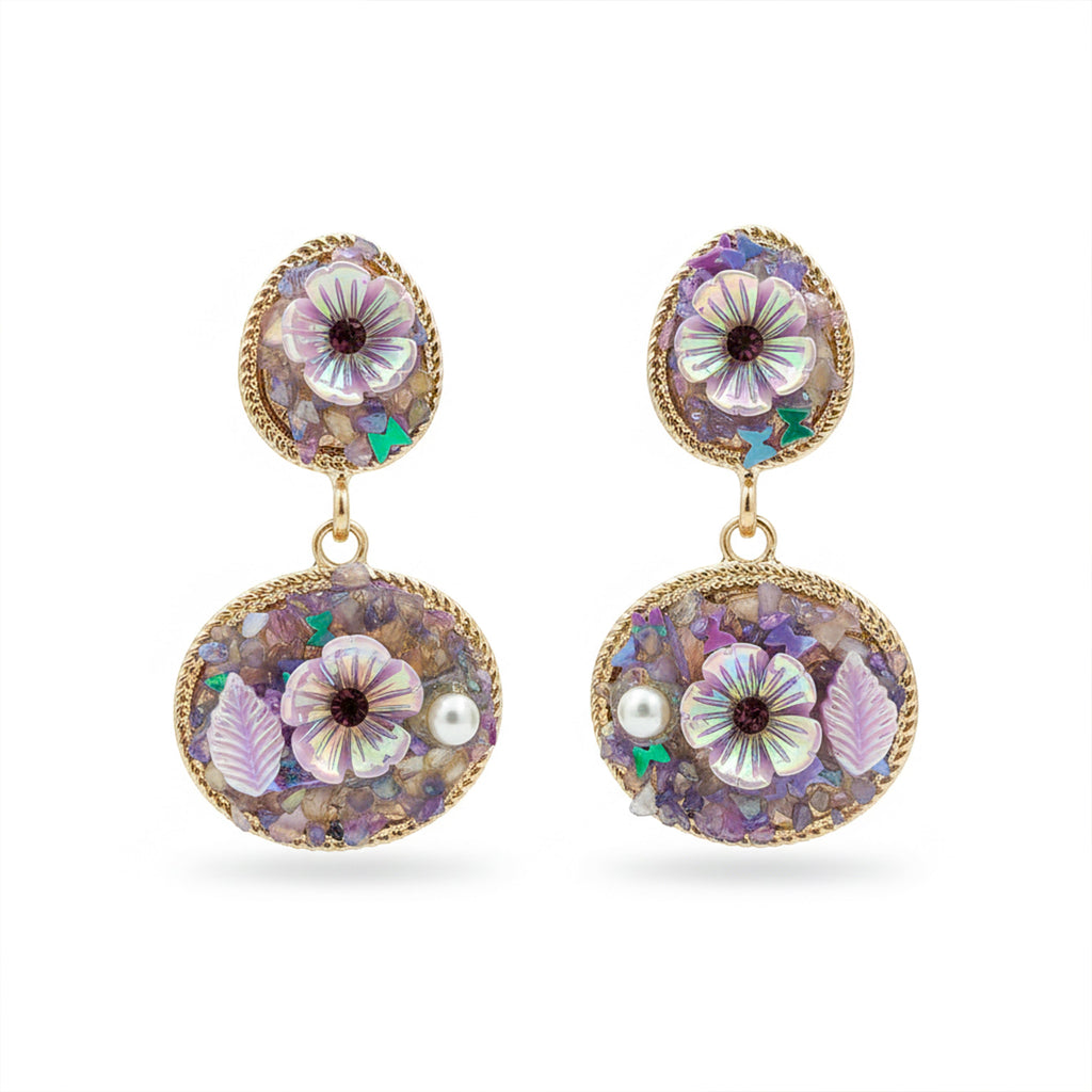 Lavender Floral Stone Drop Earrings GWE -244