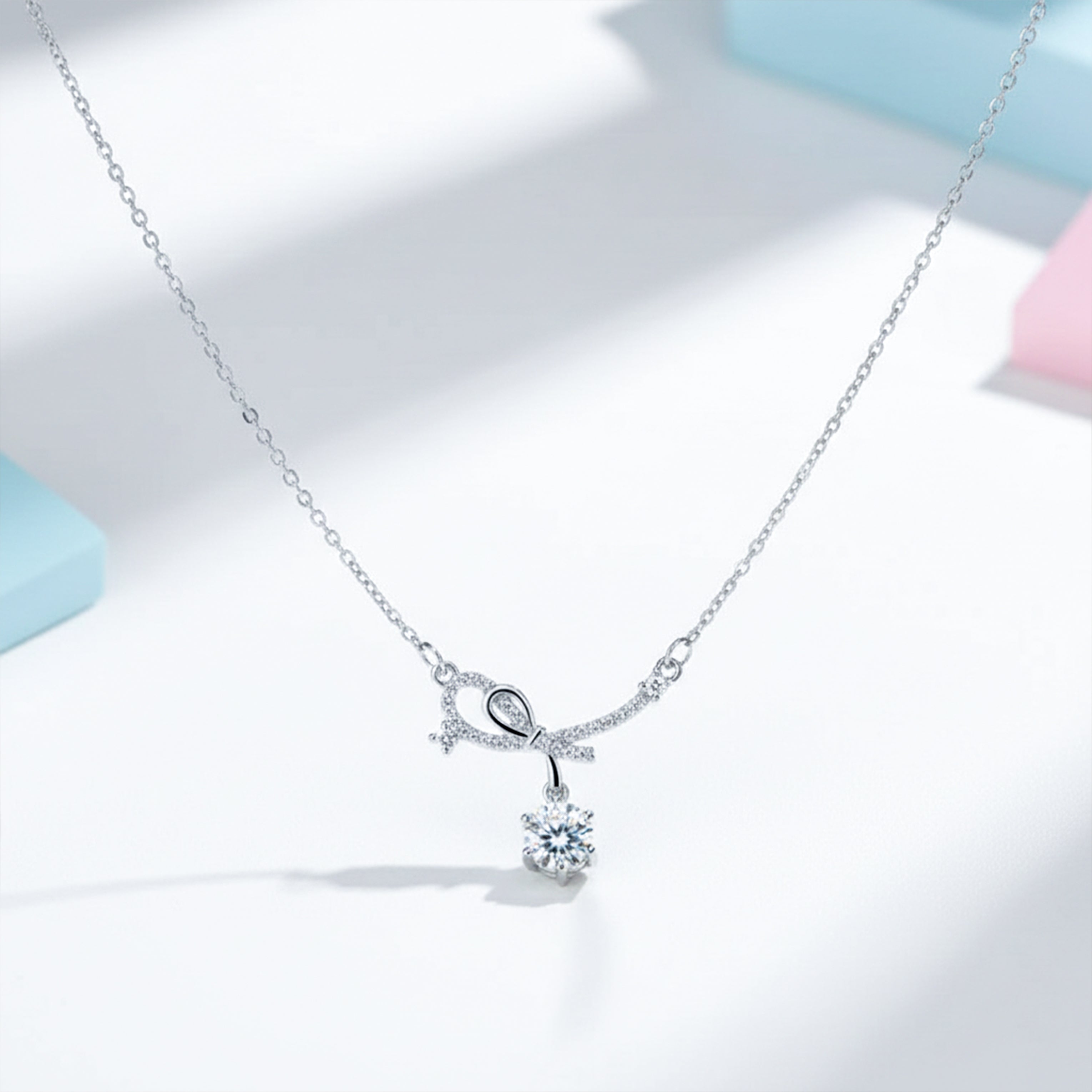 Sterling Silver Bow Ribbon Women Necklace GWN -134