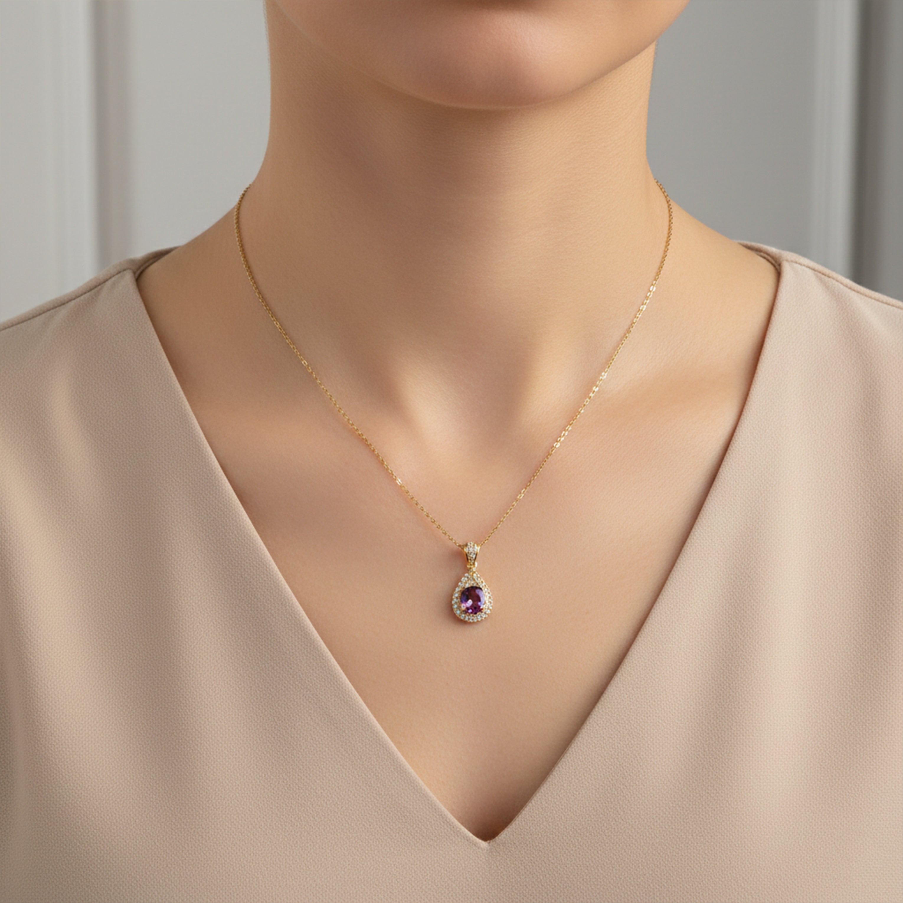 Ruby Halo Drop Pendant Necklace GWN -73