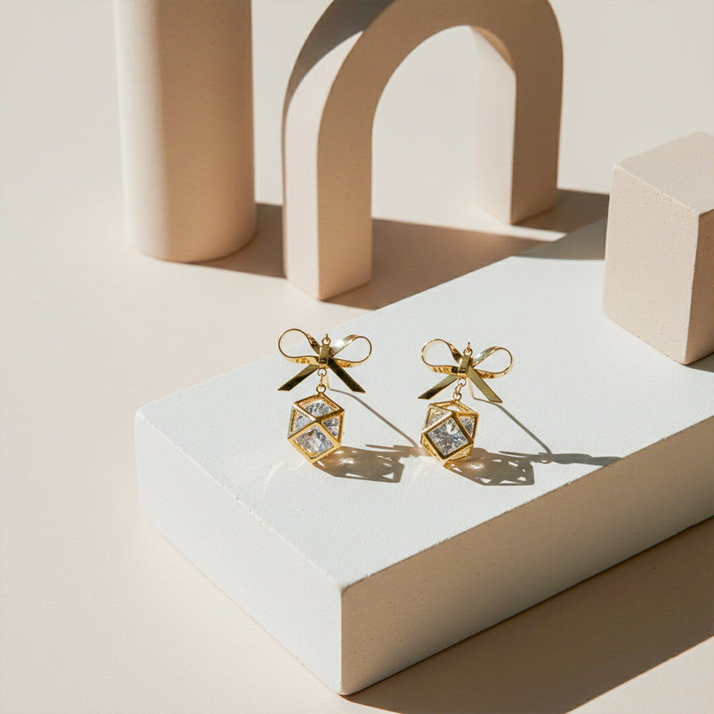 Golden Bow Cube Drop Earrings GWE -110