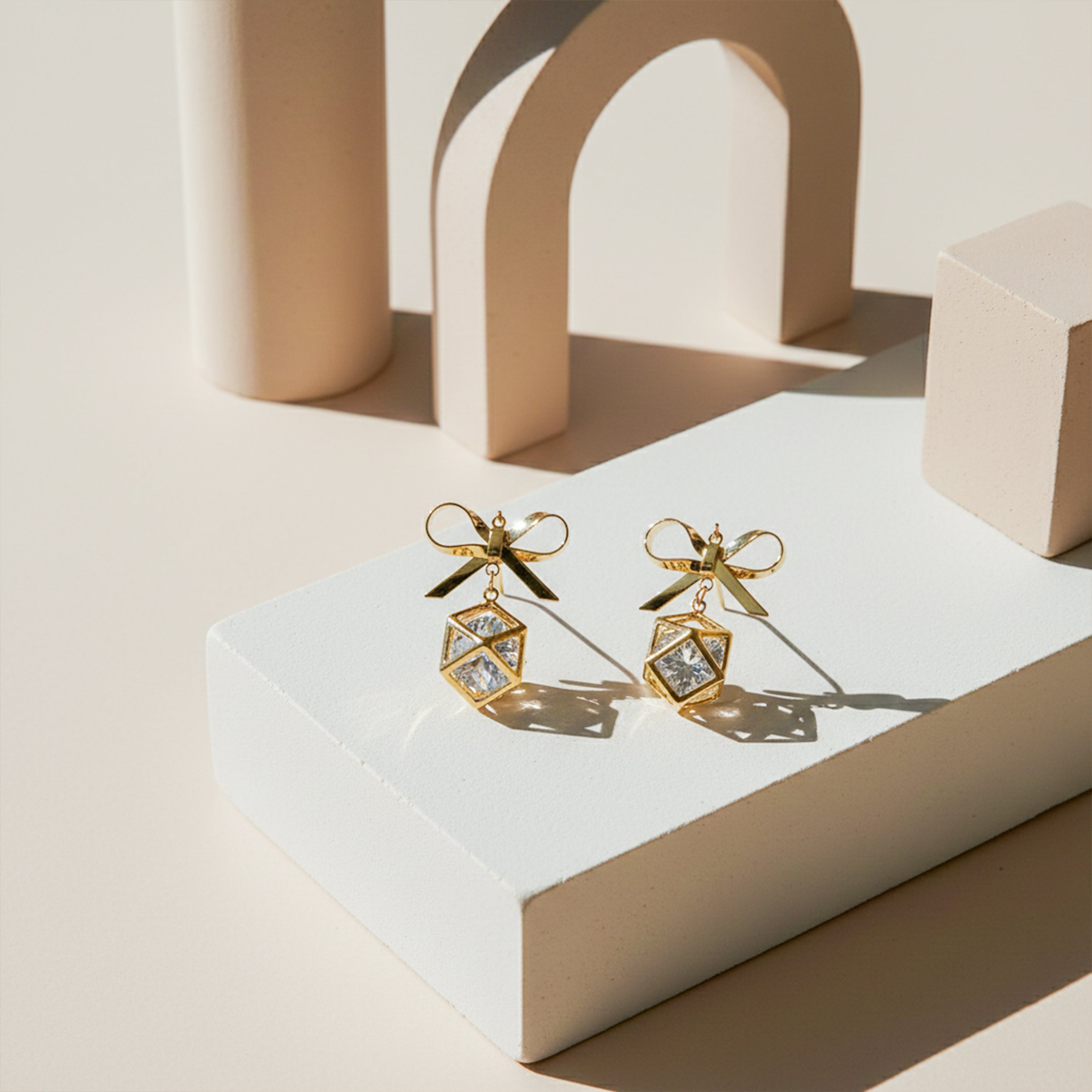 Golden Bow Cube Drop Earrings GWE -110