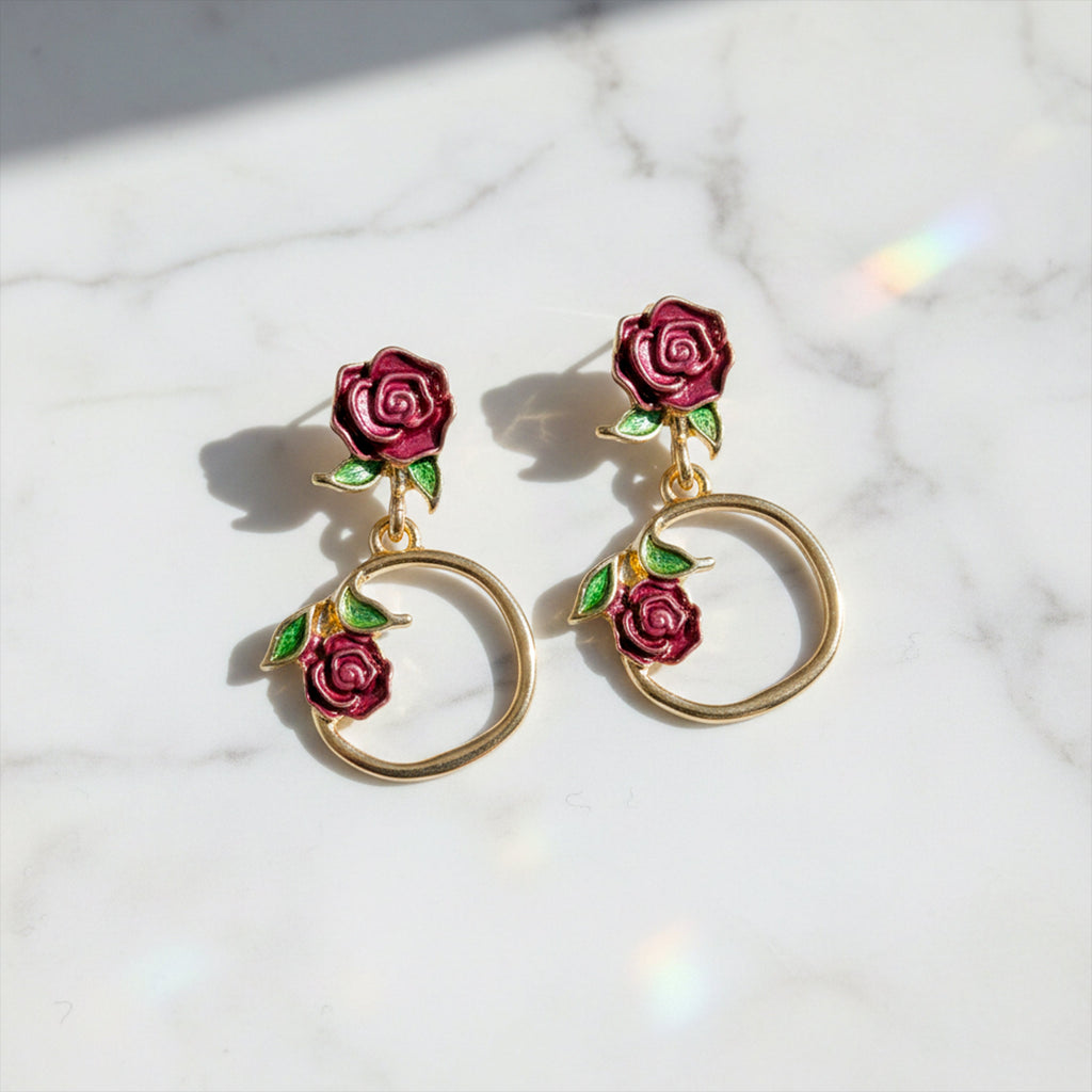Rose Floral Hoop Drop Earrings GWE -175