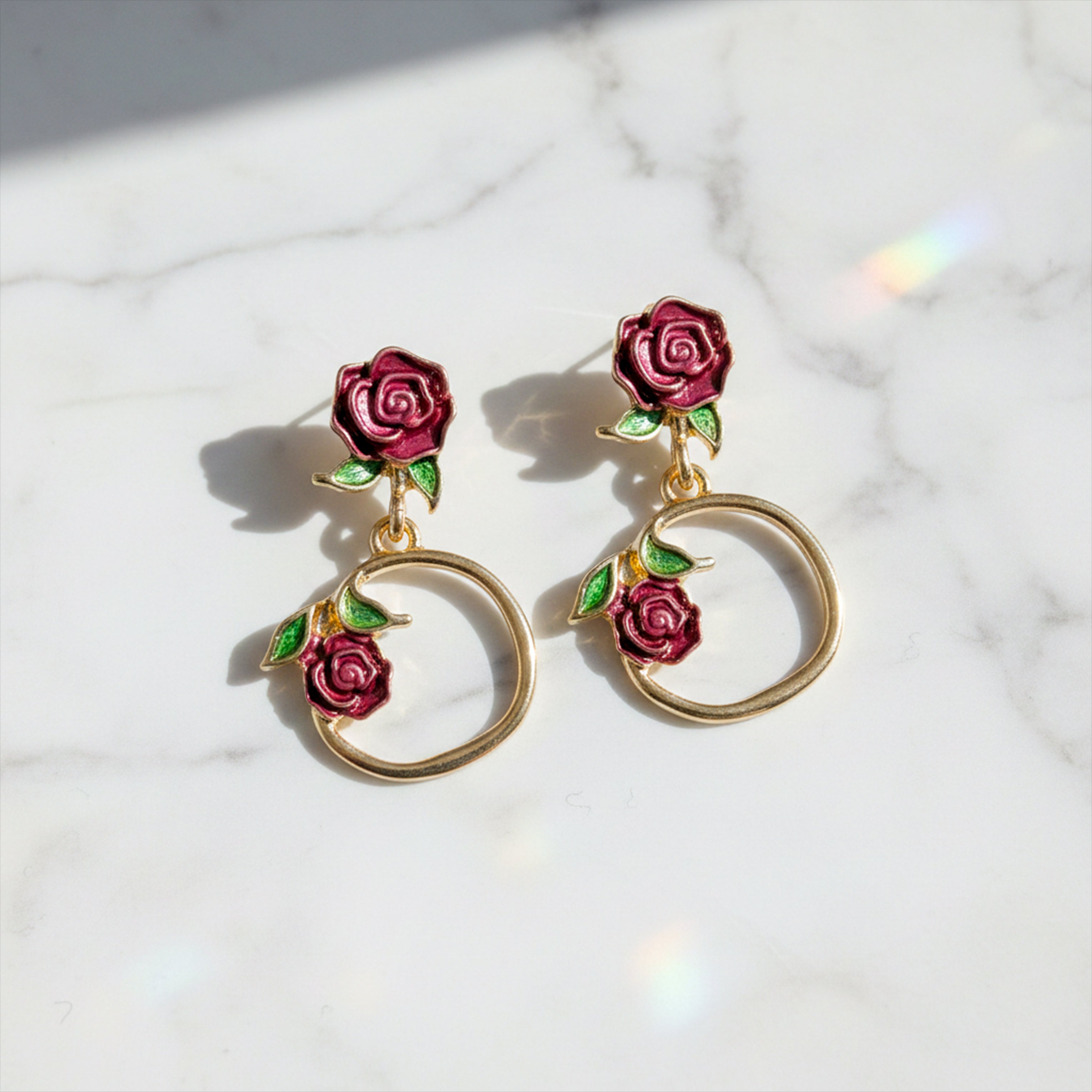 Rose Floral Hoop Drop Earrings GWE -175