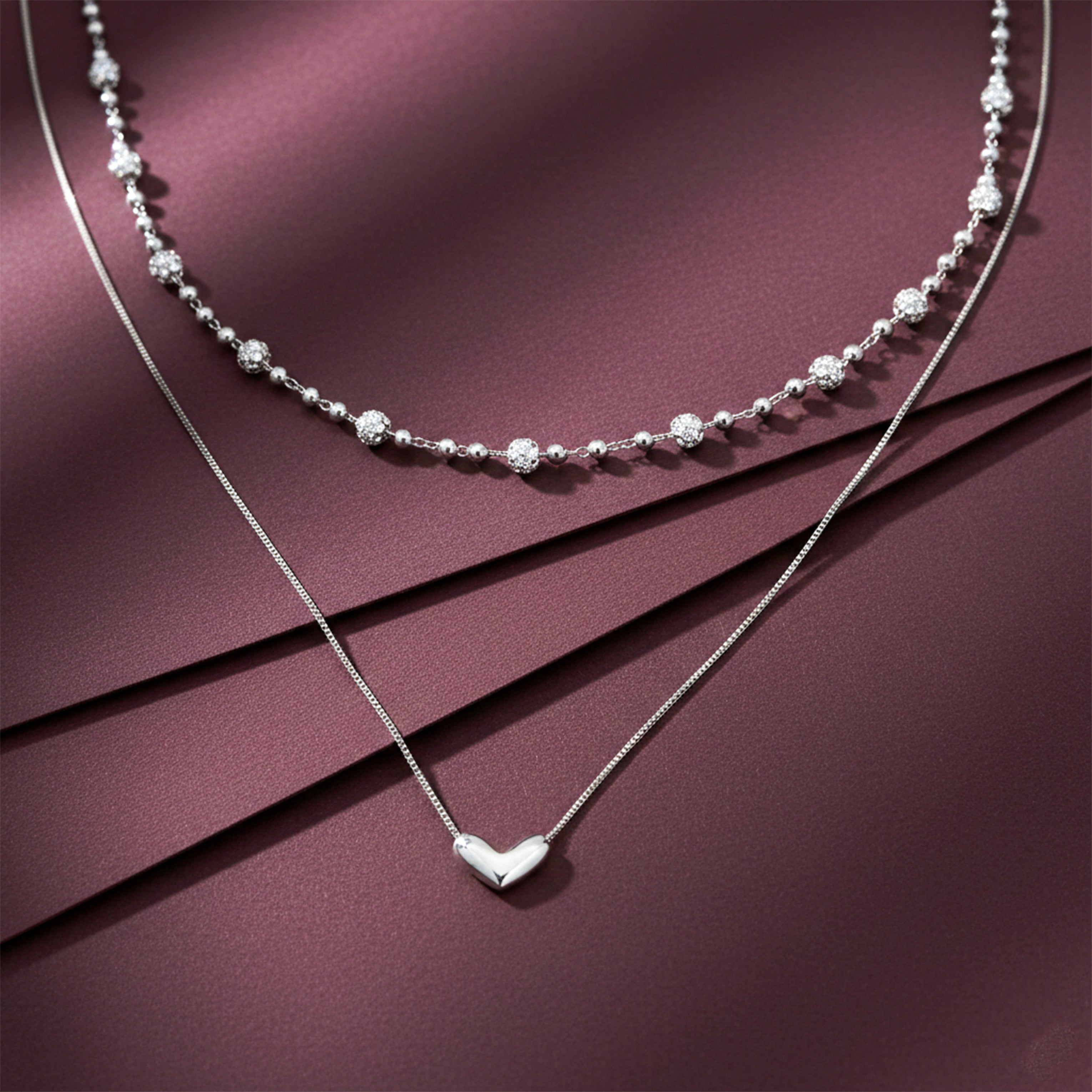 Silver Layered Heart & Spark Beaded Necklace GWN -64