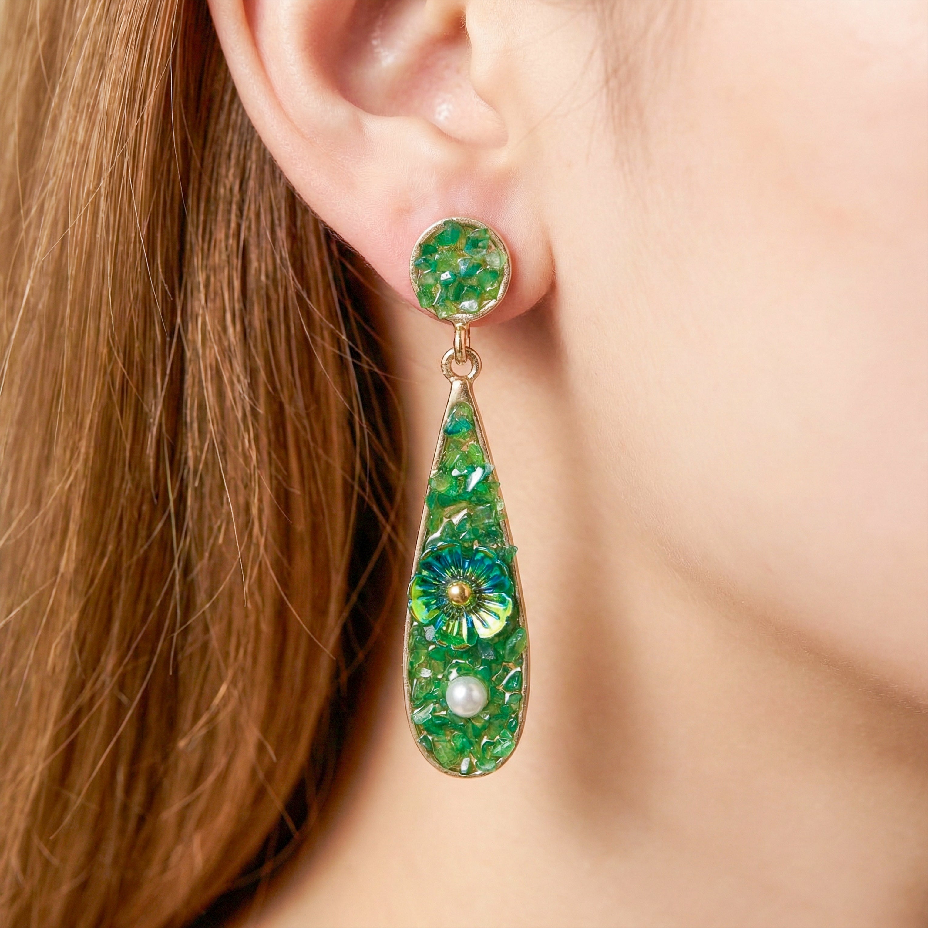 Green Stone Floral Earrings GWE -247