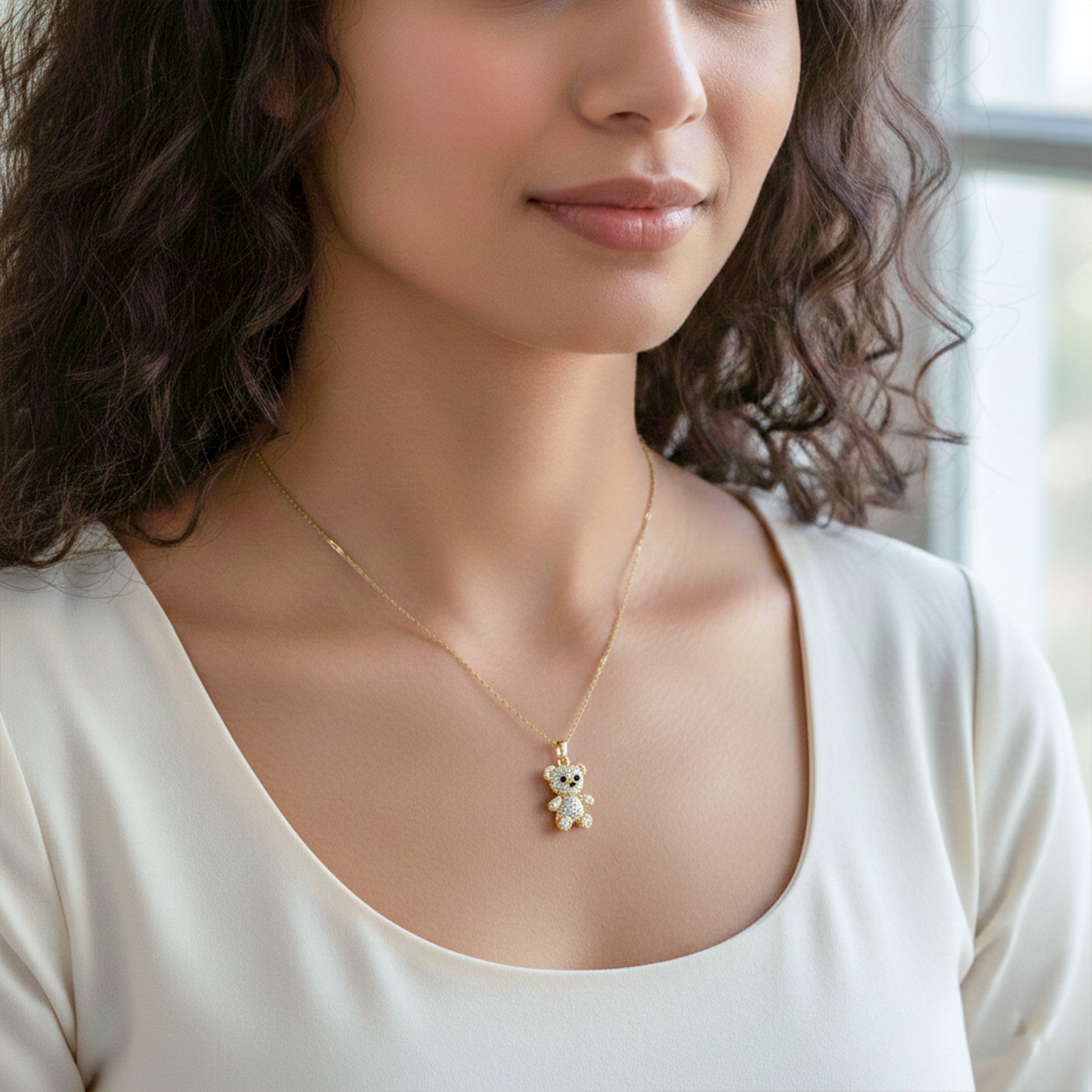 Golden Teddy Bear Pendant Necklace with Crystal Detailing GWN -80
