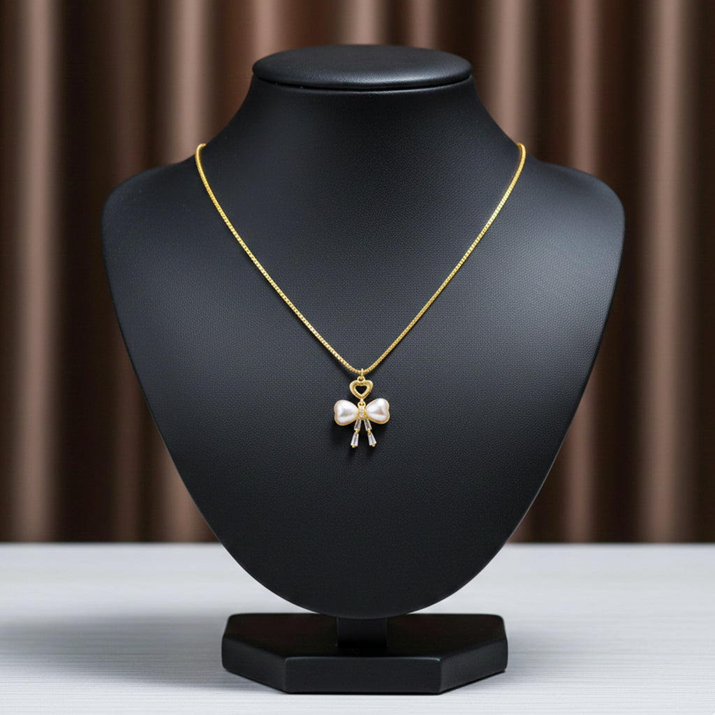Golden Pearl Bow Heart Pendant Necklace GWN -51