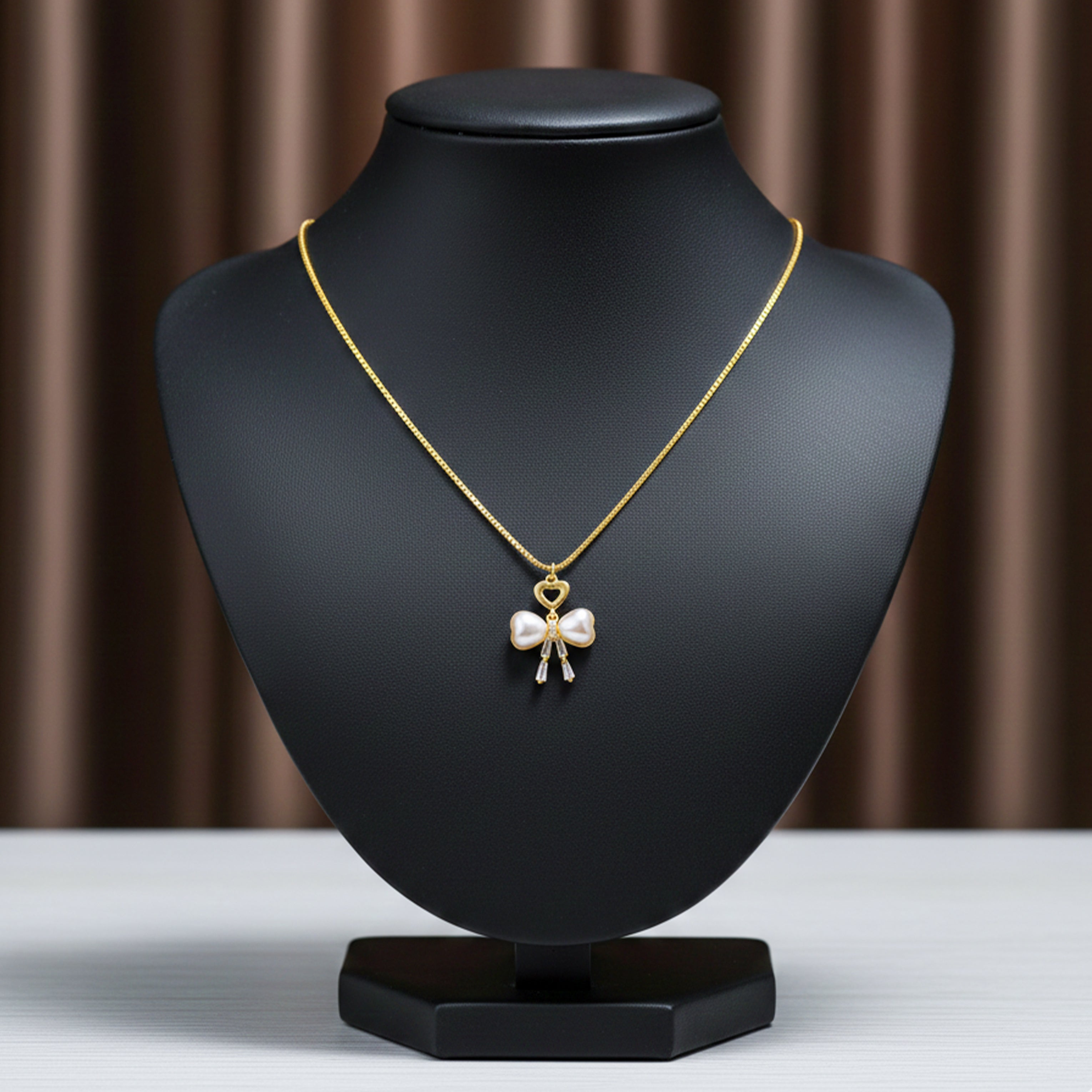 Golden Pearl Bow Heart Pendant Necklace GWN -51