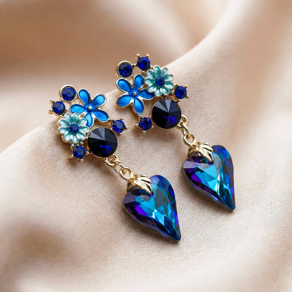 Blue Floral Heart Drop Earrings GWE -173