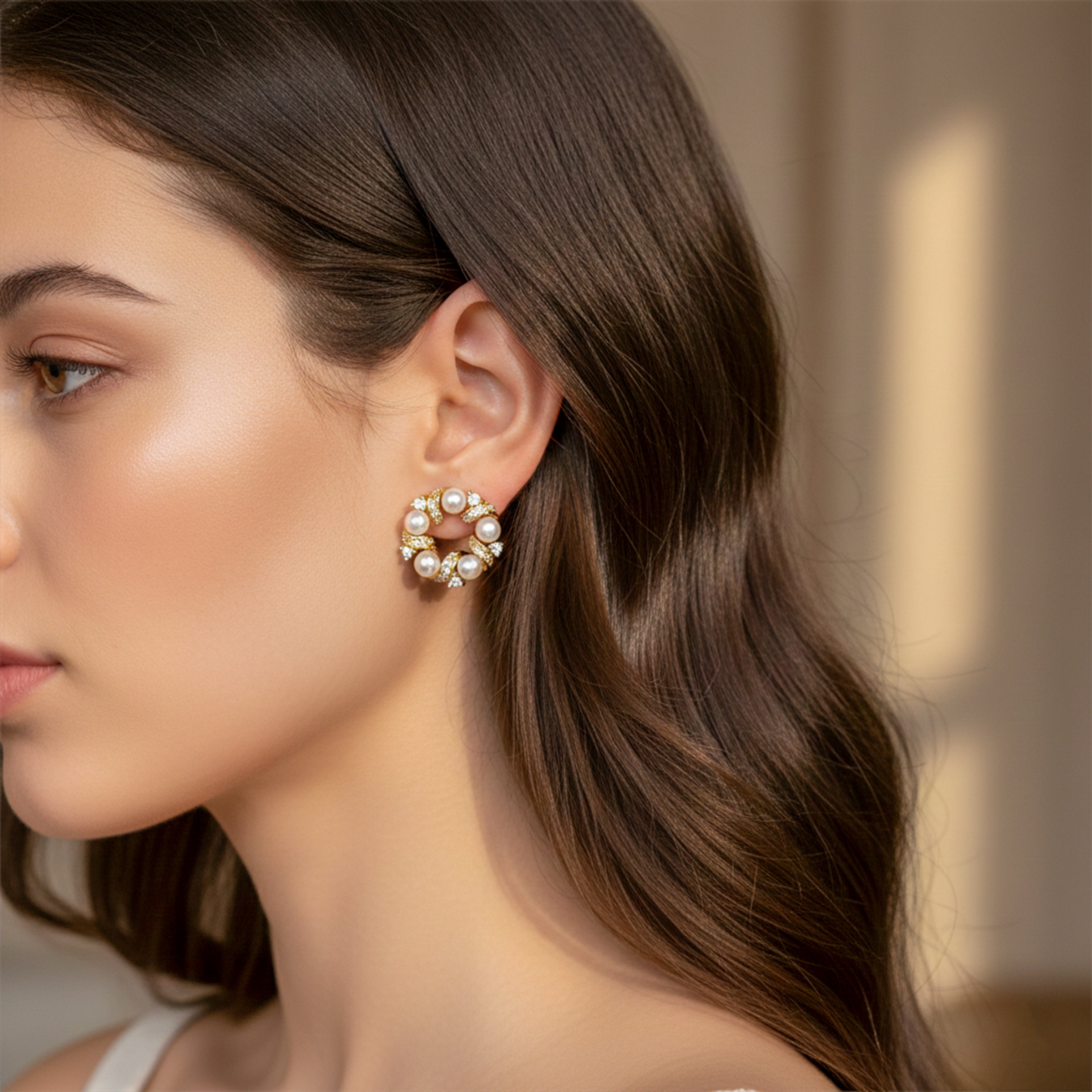 Pearl & Crystal Circle Stud Earrings GWE -165
