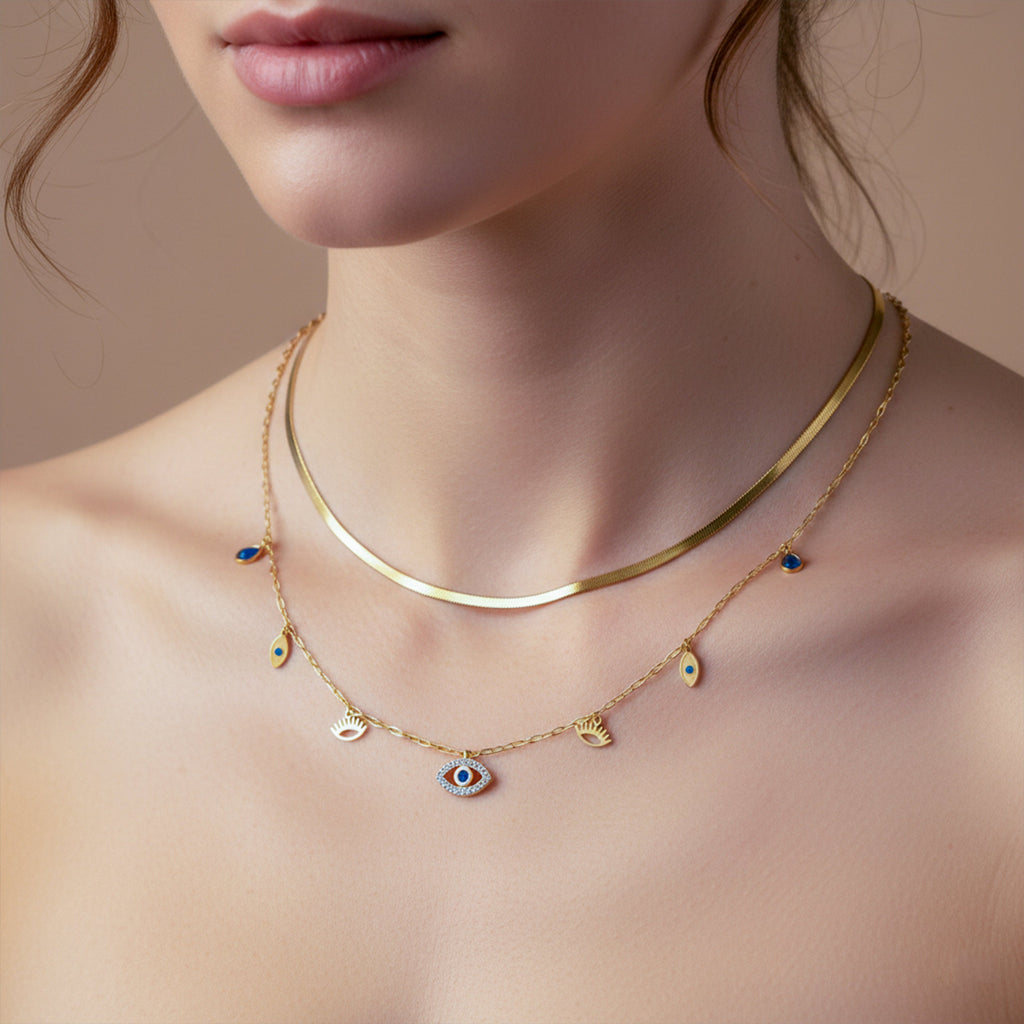 Evil Eye Layered Gold Choker Necklace GWN -104