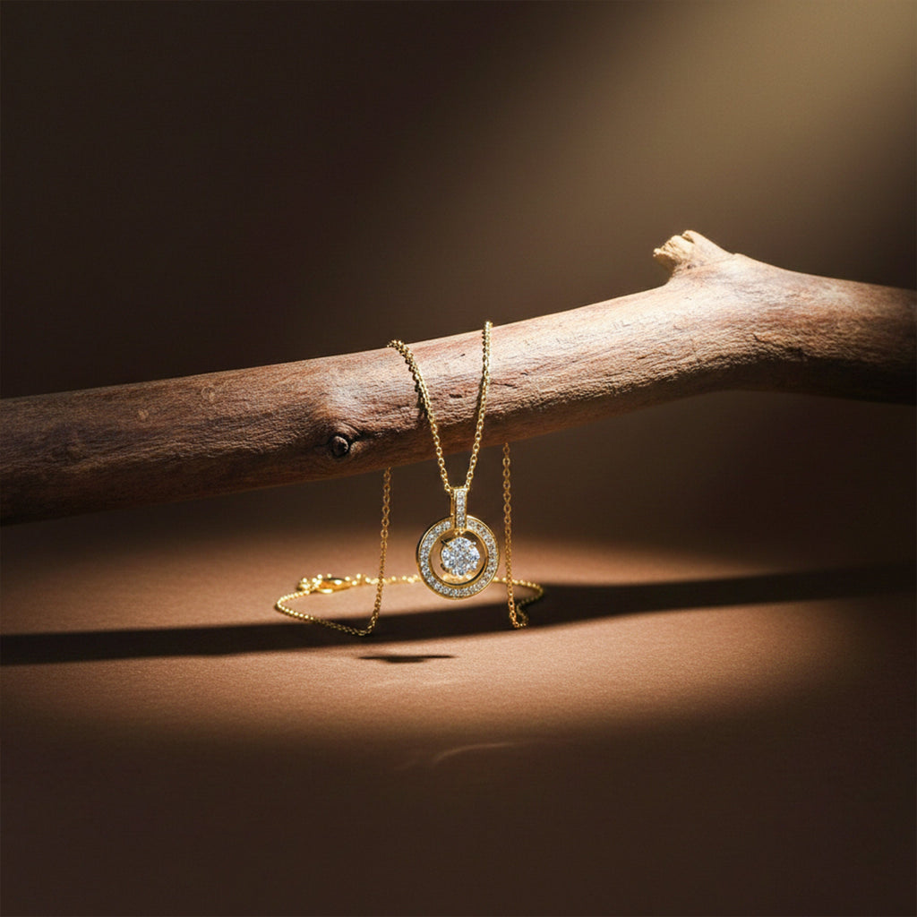 Classic Round Halo CZ Gold Necklace GWN -139