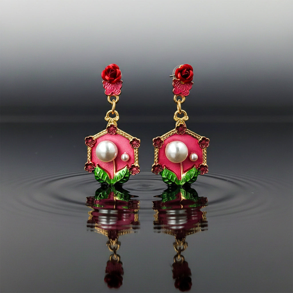 Red Floral Pearl Earrings GWE -228