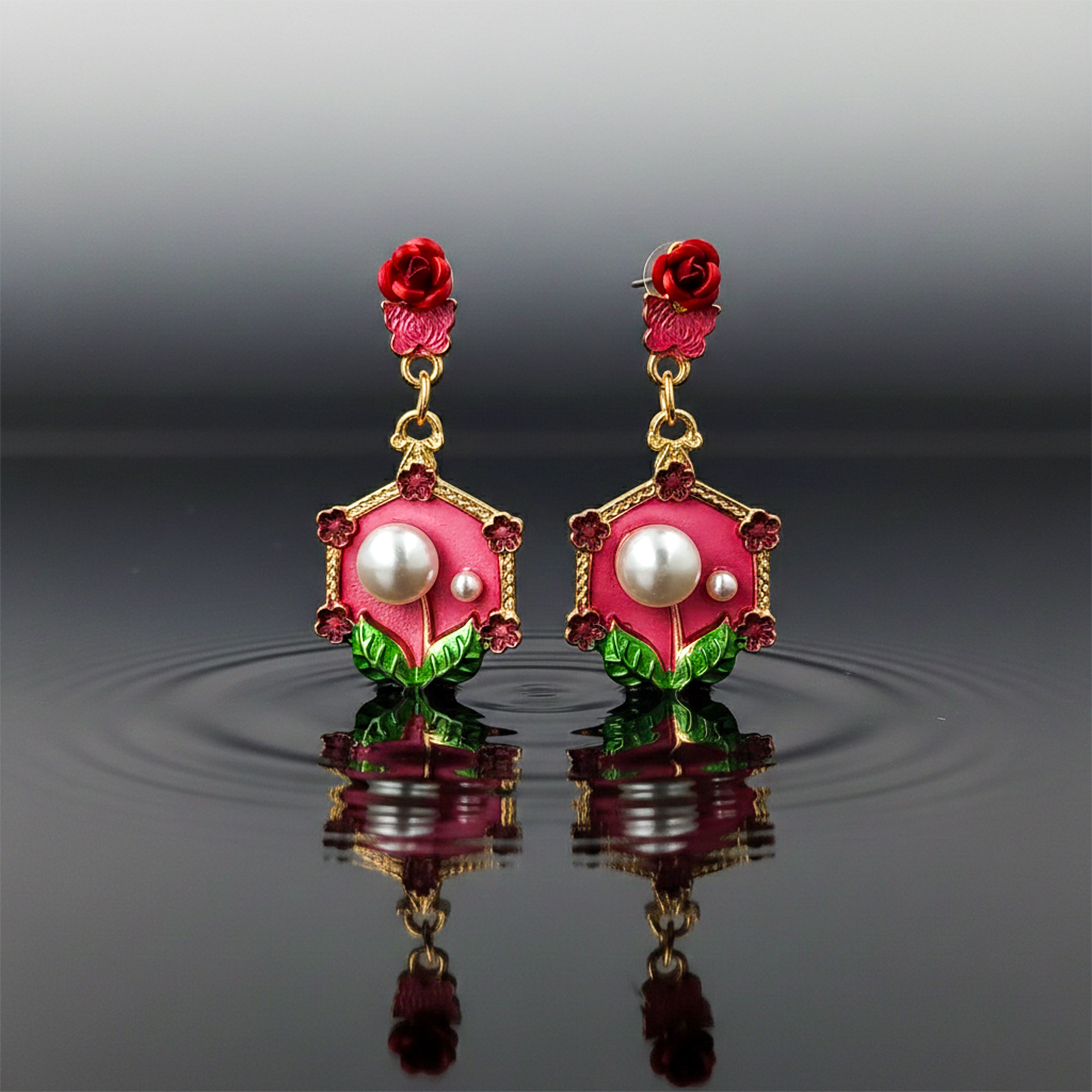 Red Floral Pearl Earrings GWE -228