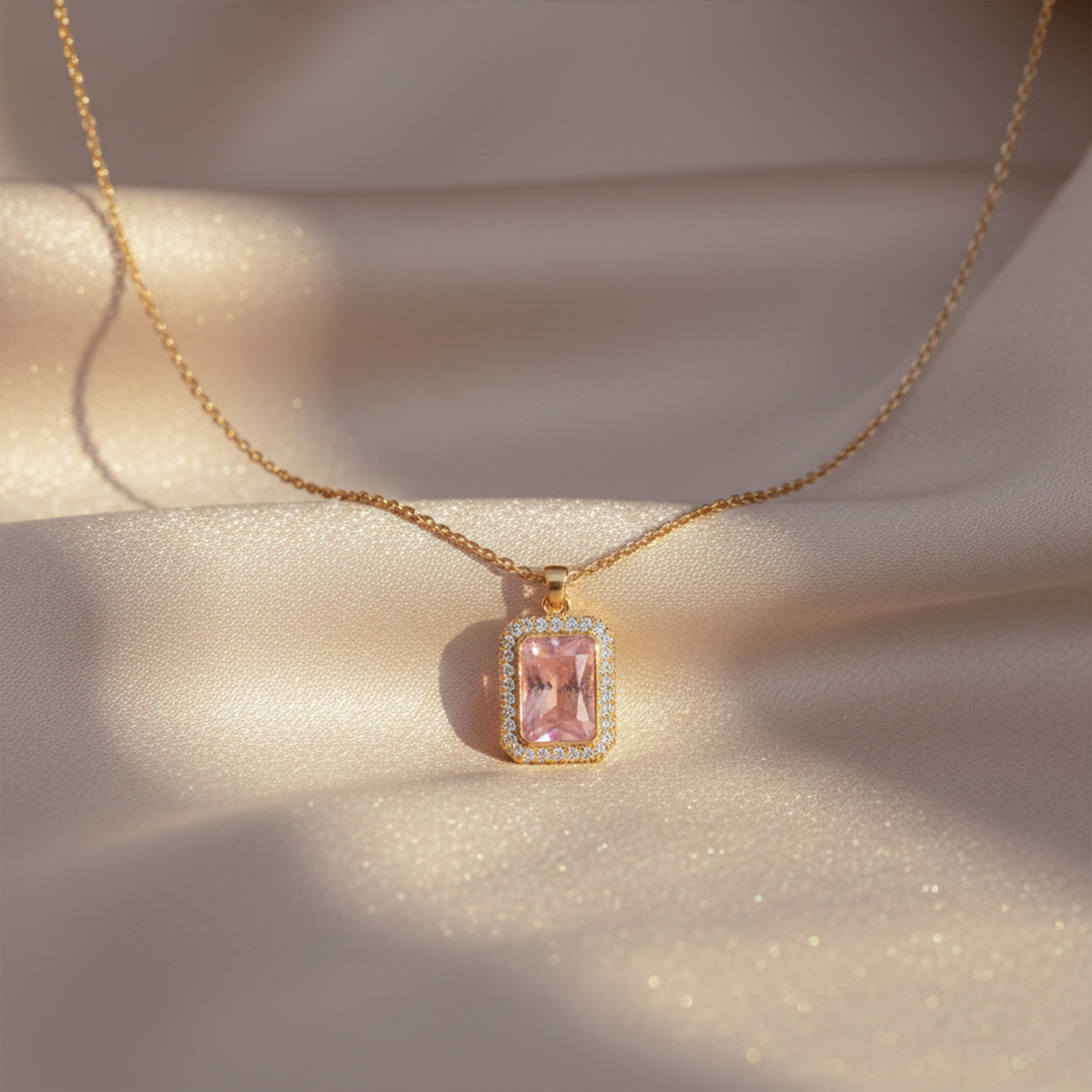 Pink Rectangle Halo Pendant Necklace GWN -152