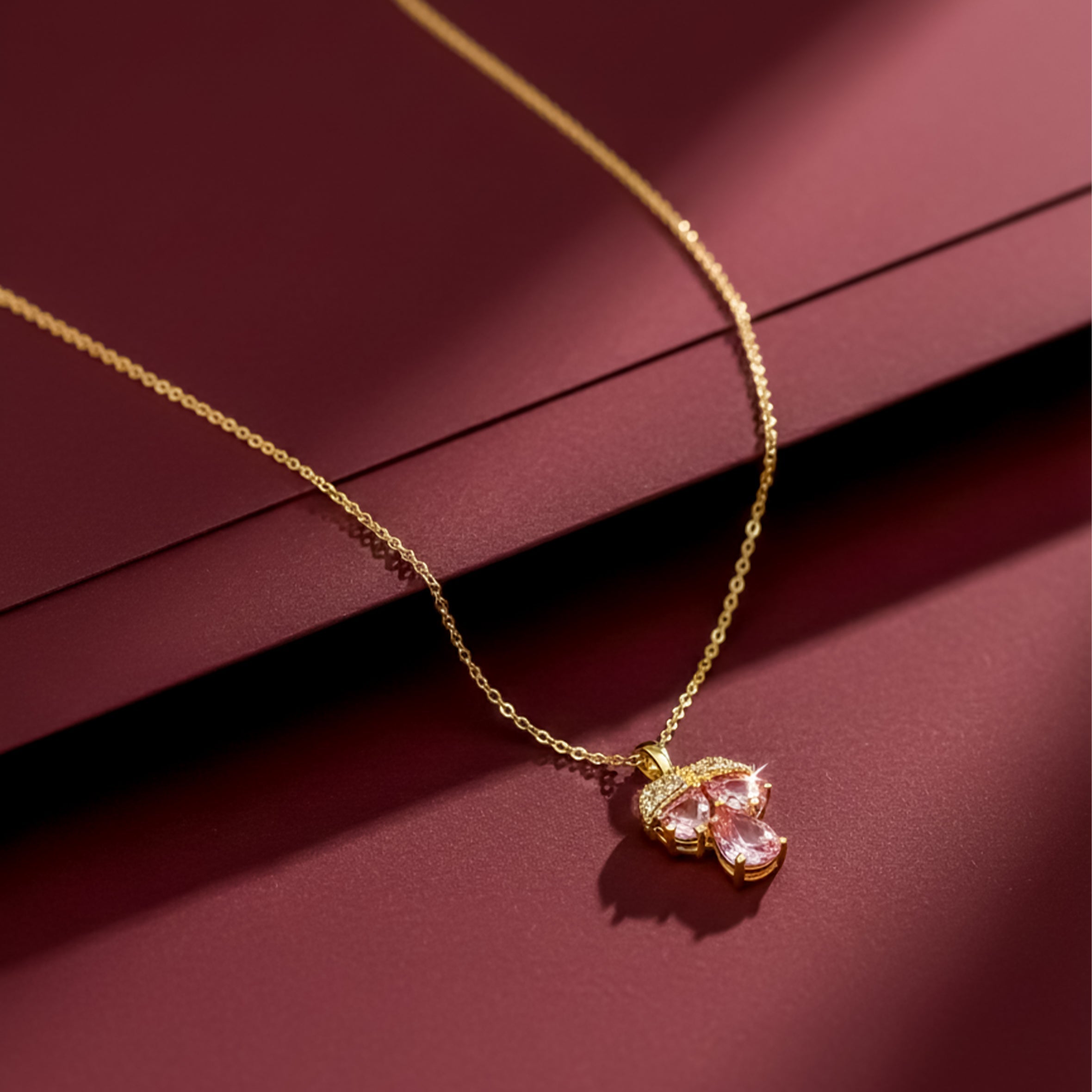 Dainty Gold and Pink Gemstone Clover Women Necklace GWN -148
