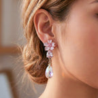 Pink Floral Crystal Drop Earrings GWE -176