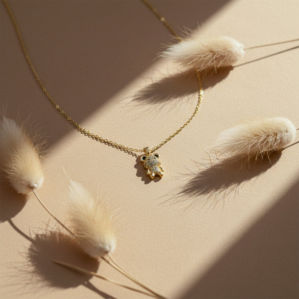 Golden Teddy Bear Pendant Necklace with Crystal Detailing GWN -80