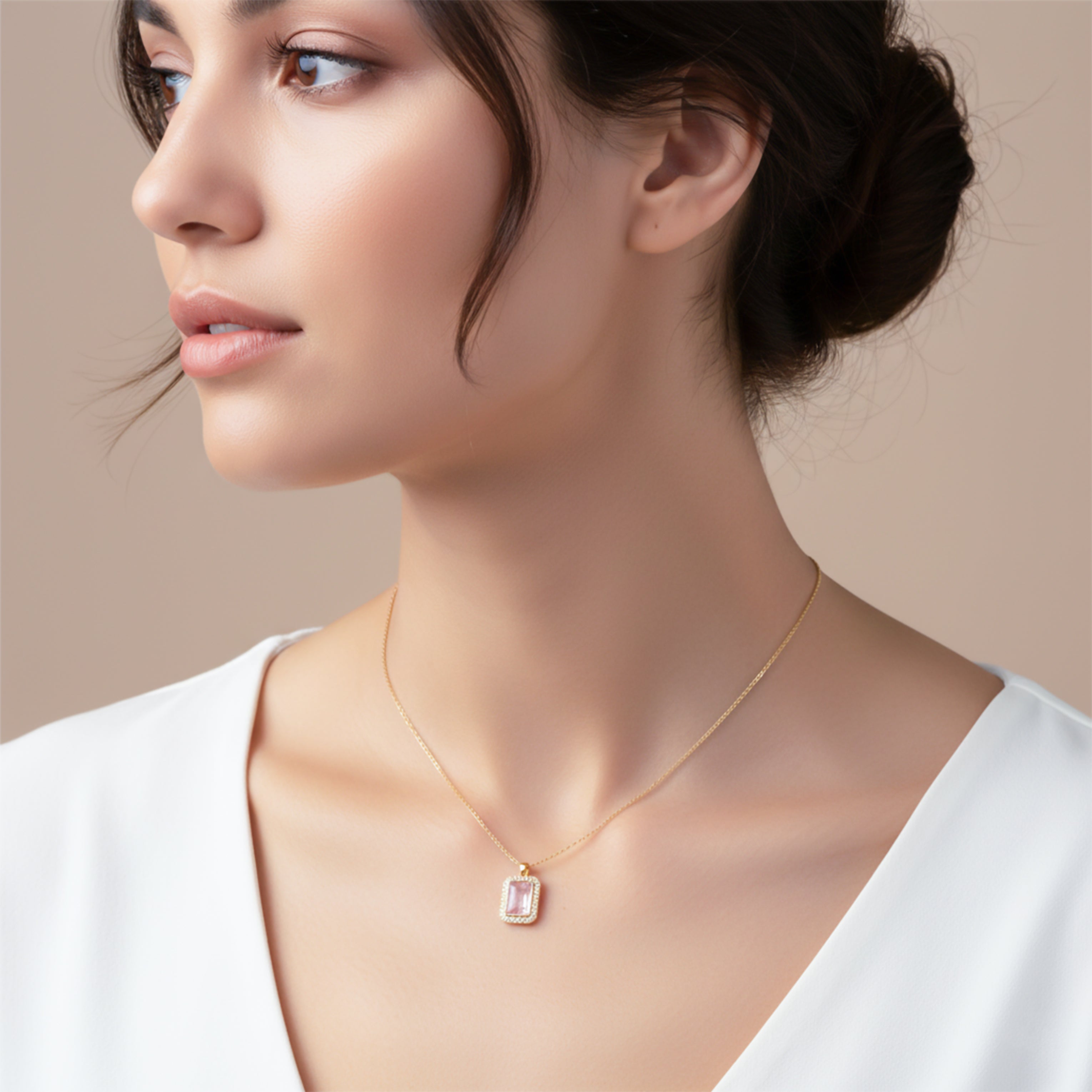Pink Rectangle Halo Pendant Necklace GWN -152