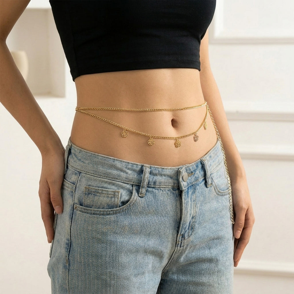 Gold Rose Charm Layered Belly Chain GCB -2