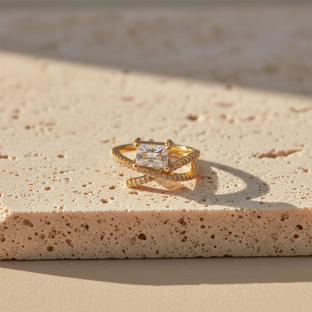 Golden Emerald Cut Twist Ring GWR -29