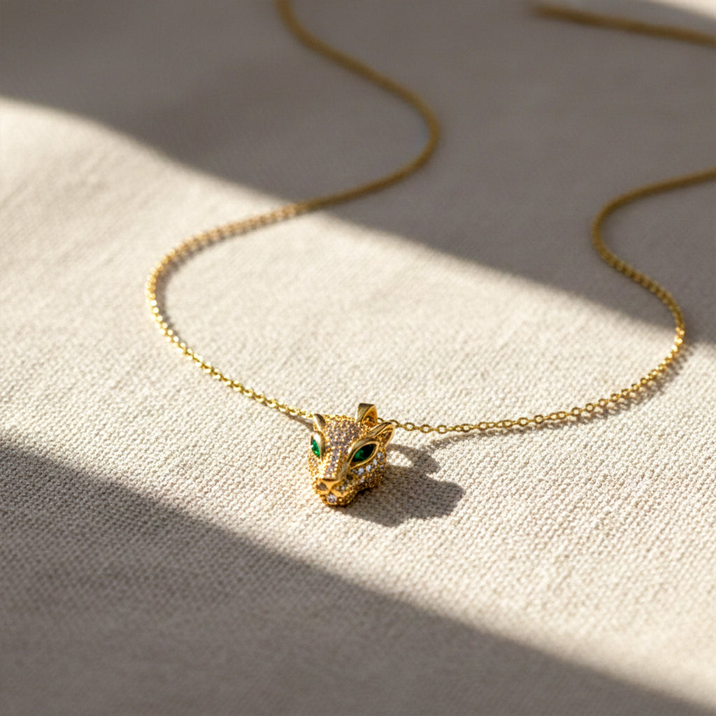 Golden Panther Head Pendant Necklace with Green Eyes GWN -96