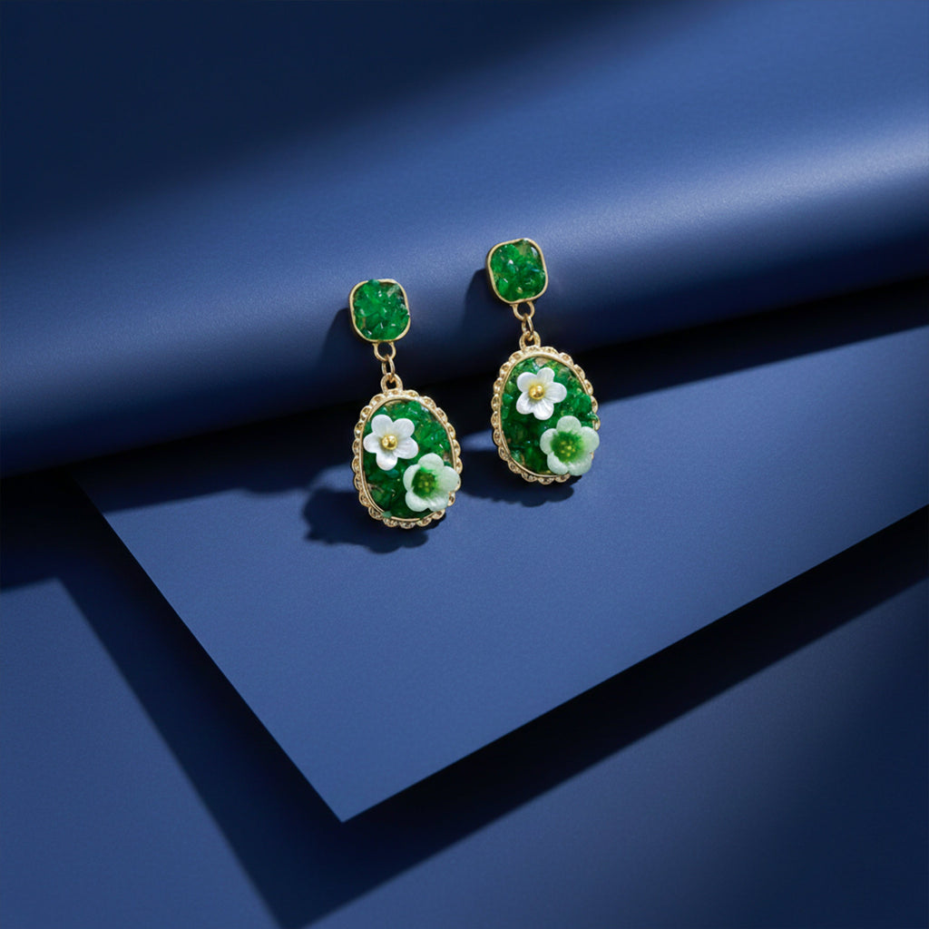 Green Floral Oval Drop Earrings GWE -205