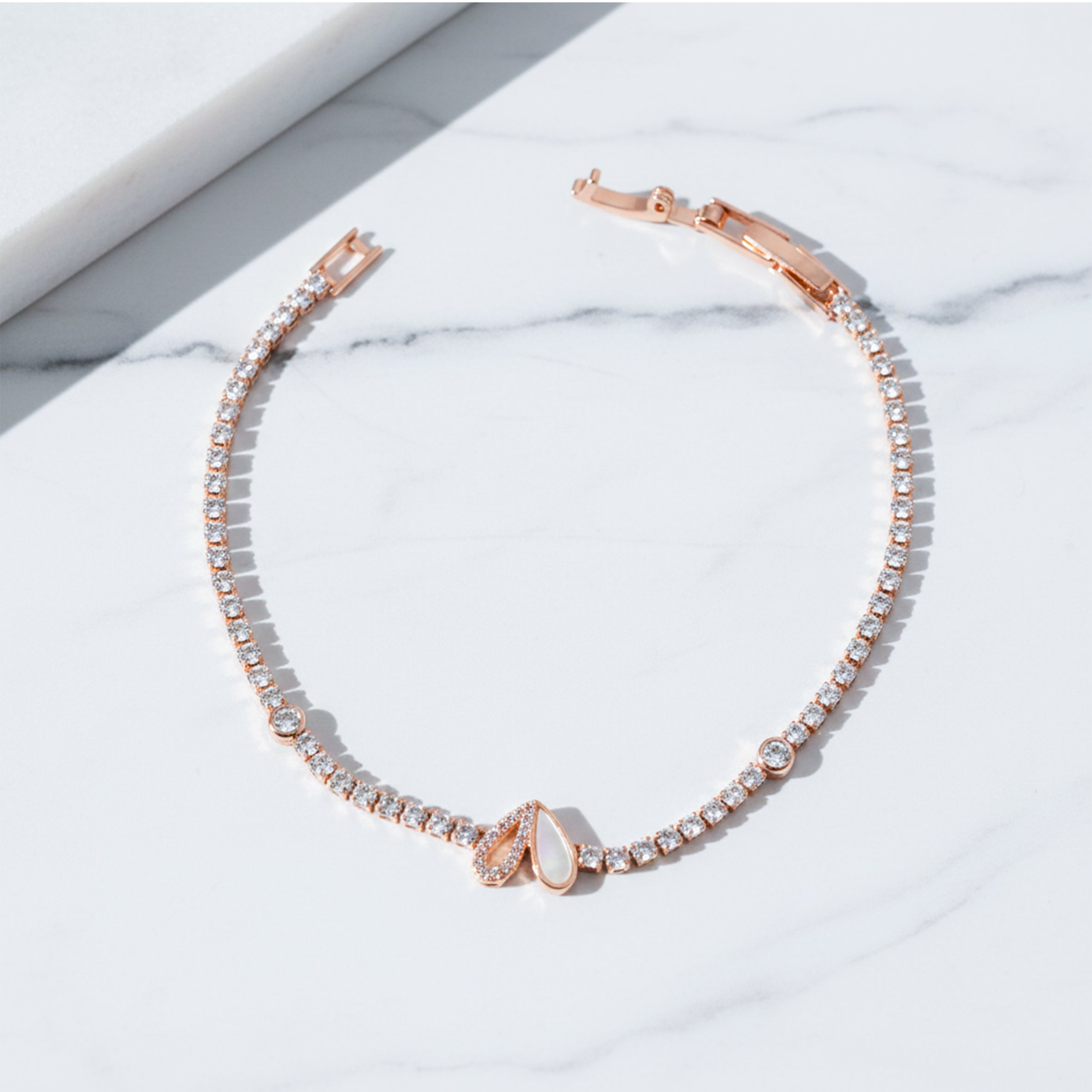 Rose Gold Pearl Drop Tennis Bracelet GWB -97