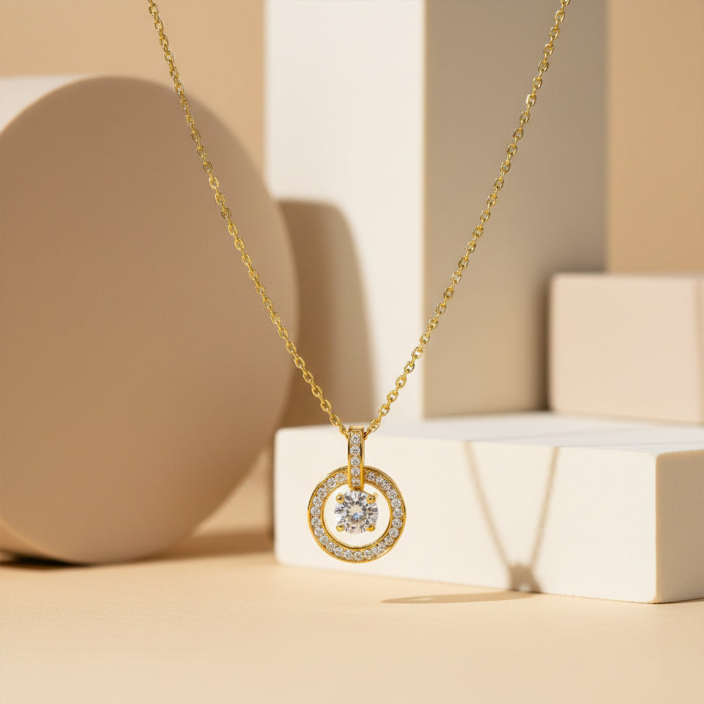 Classic Round Halo CZ Gold Necklace GWN -139