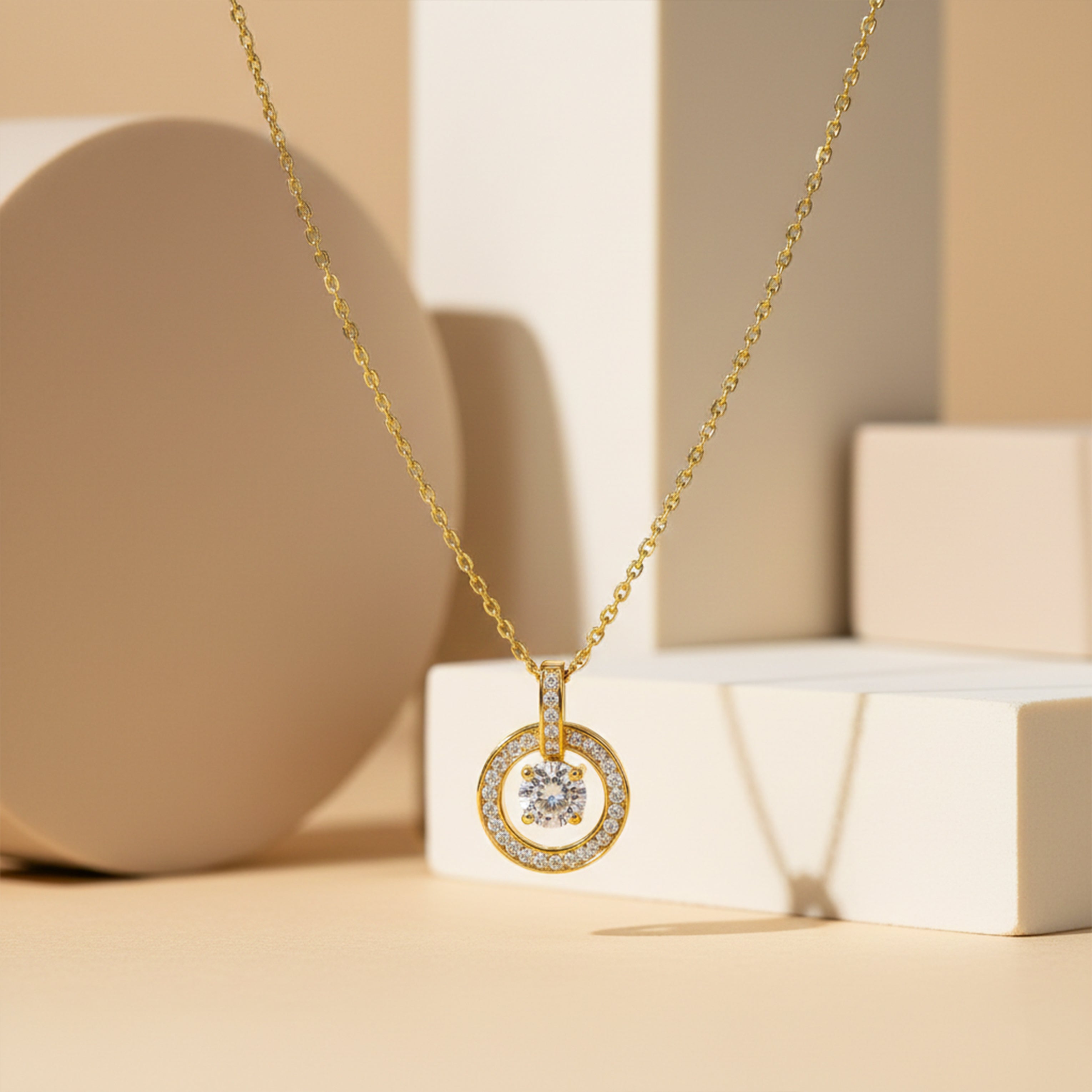 Classic Round Halo CZ Gold Necklace GWN -139