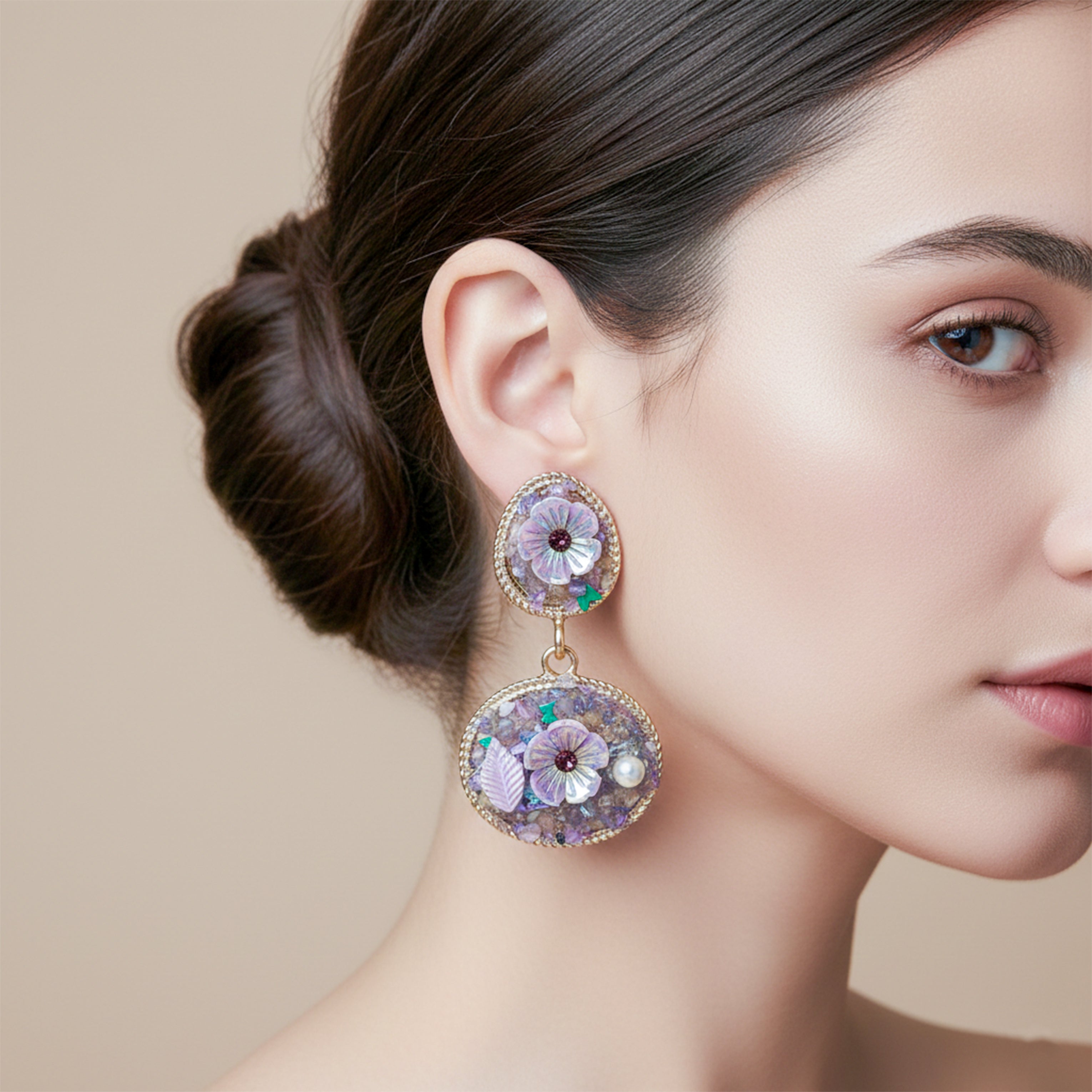 Lavender Floral Stone Drop Earrings GWE -244