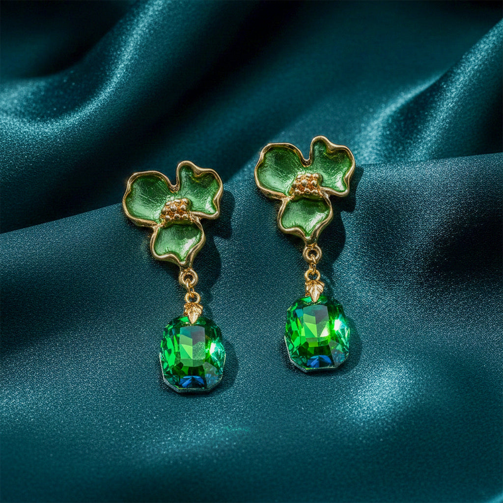 Green Enamel Floral Drop Earrings GWE -233