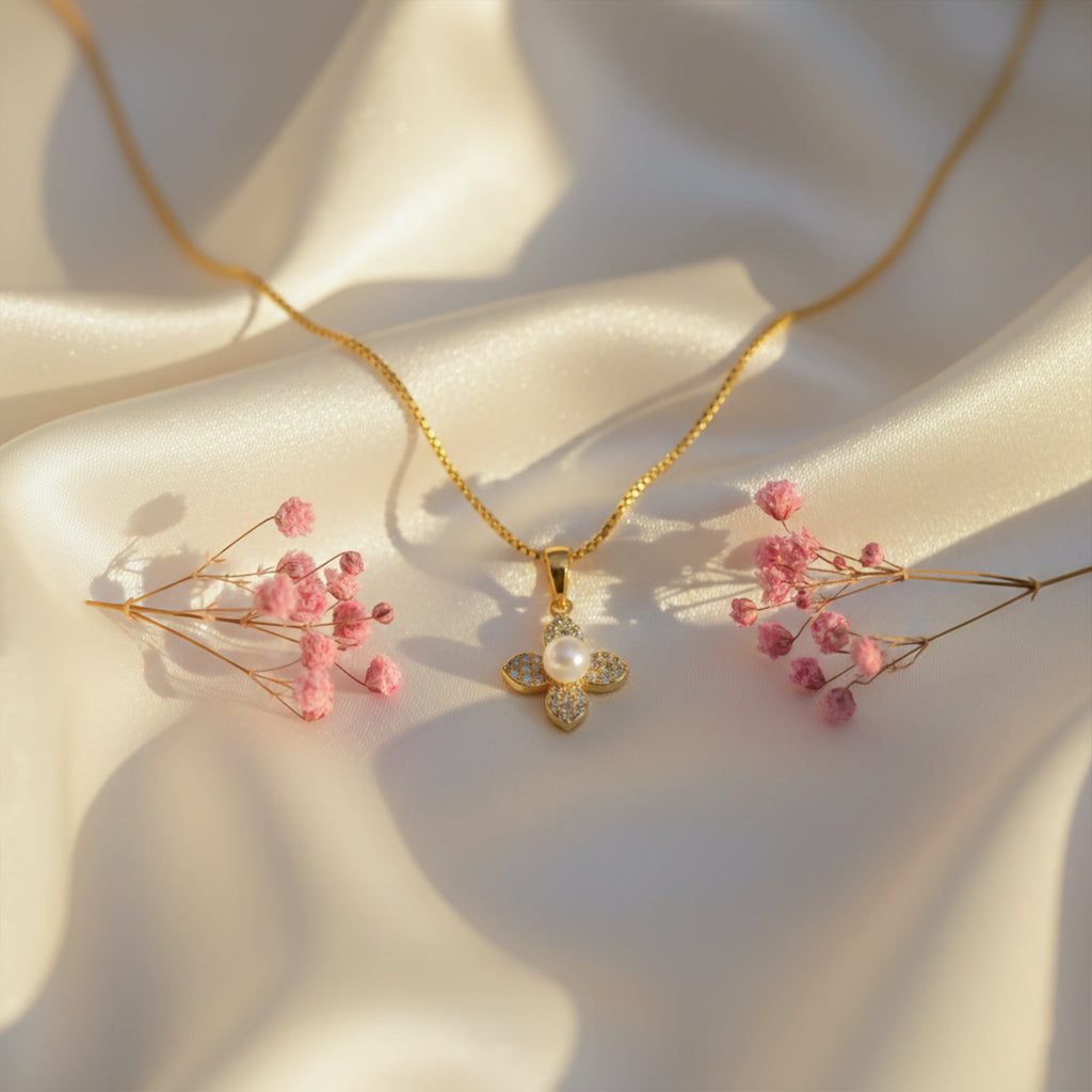 Golden Pearl Blossom Pendant Necklace GWN -53