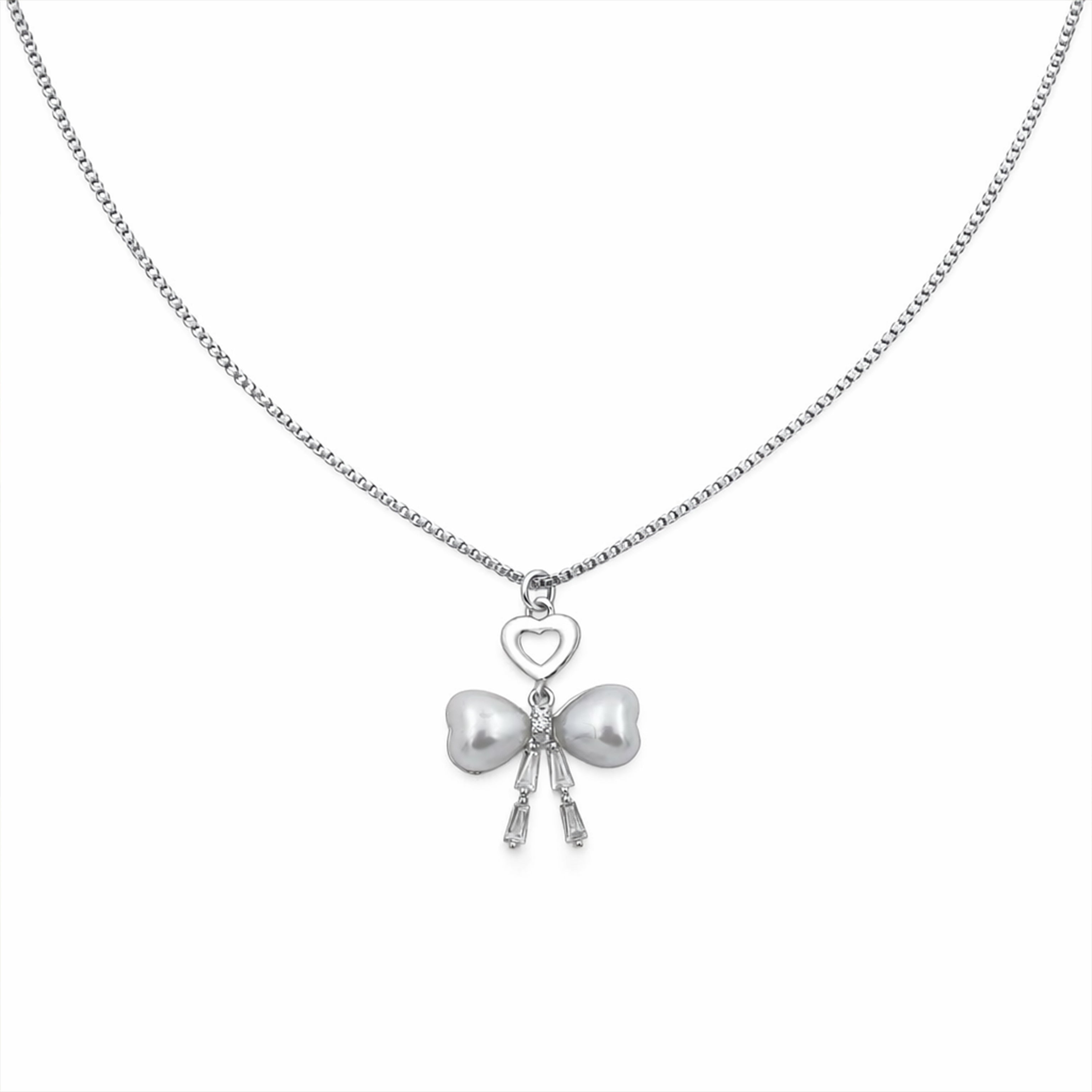 Silver Pearl Bow Heart Pendant Necklace GWN -52