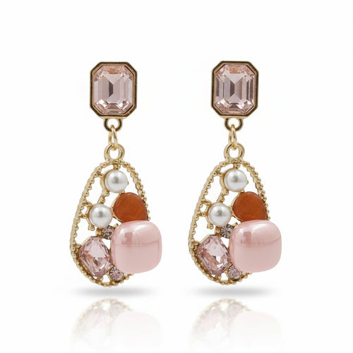 Blush Pink Pearl Cluster Drop Earrings in Blush Pink, Pearl White and Gold