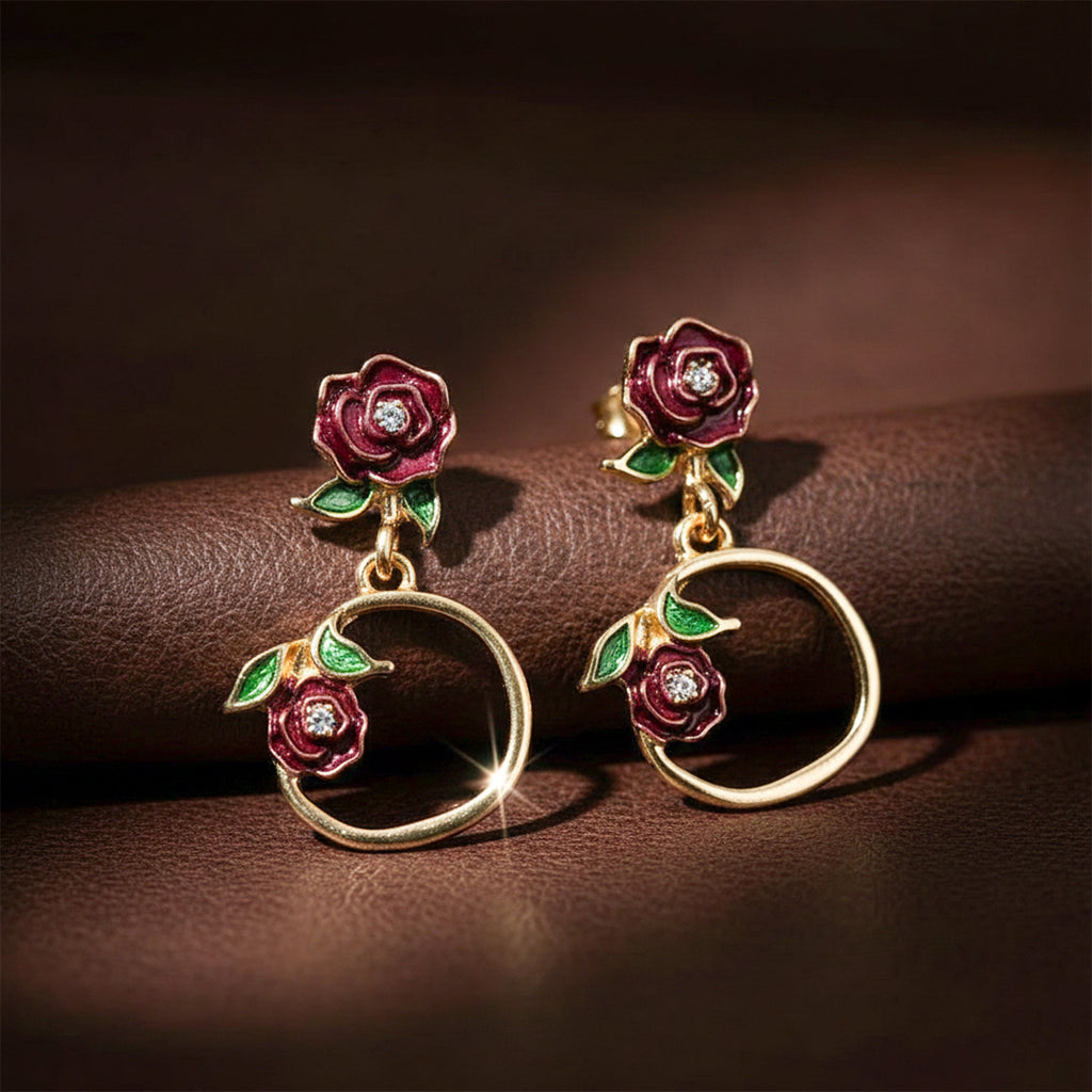 Rose Floral Hoop Drop Earrings GWE -175