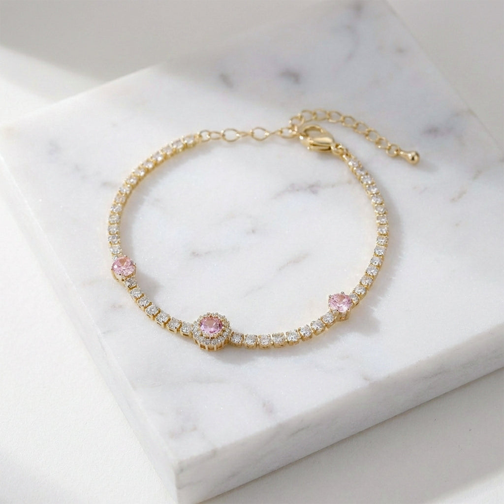 Gold Pink Halo Tennis Bracelet GWB -105