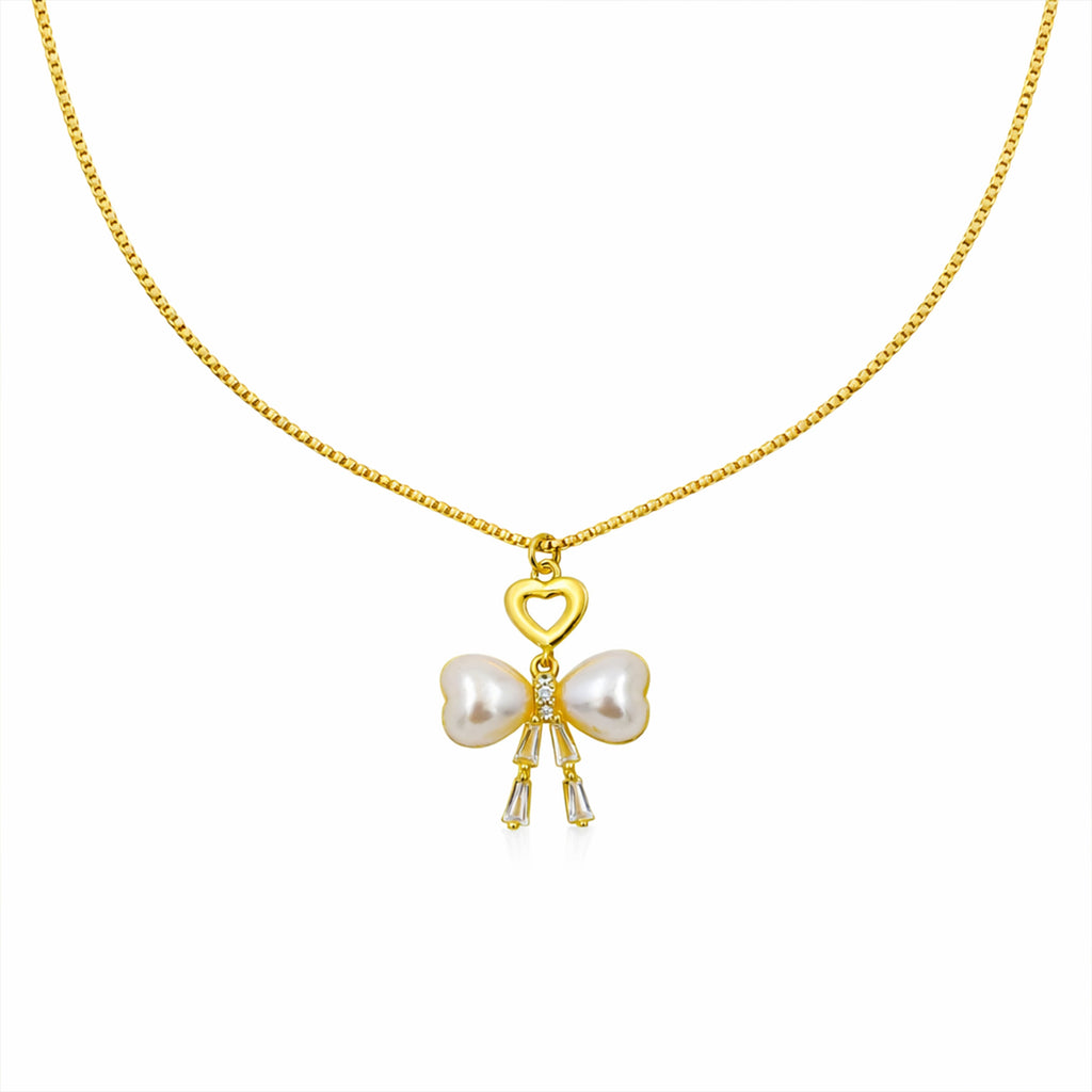 Golden Pearl Bow Heart Pendant Necklace GWN -51