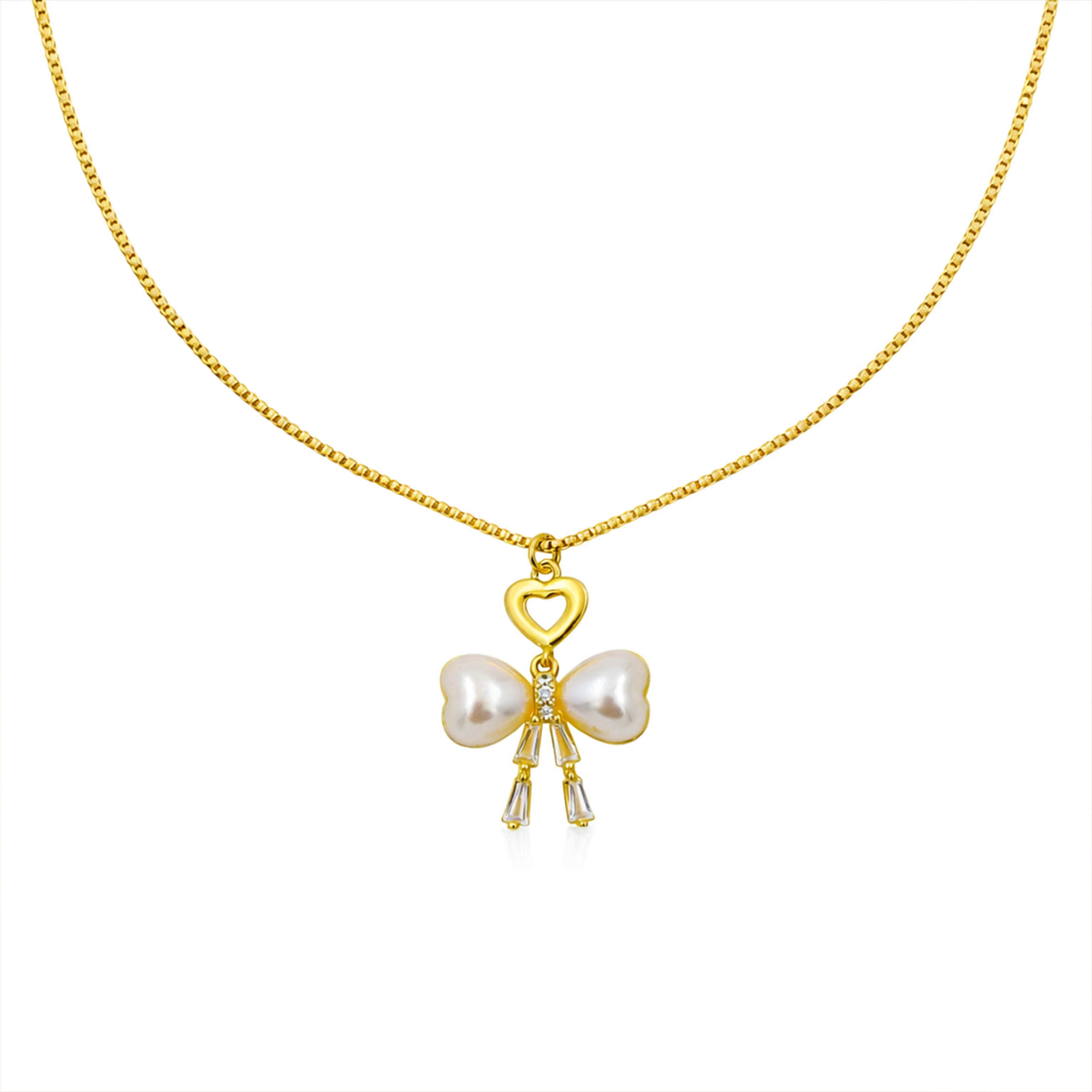 Golden Pearl Bow Heart Pendant Necklace GWN -51