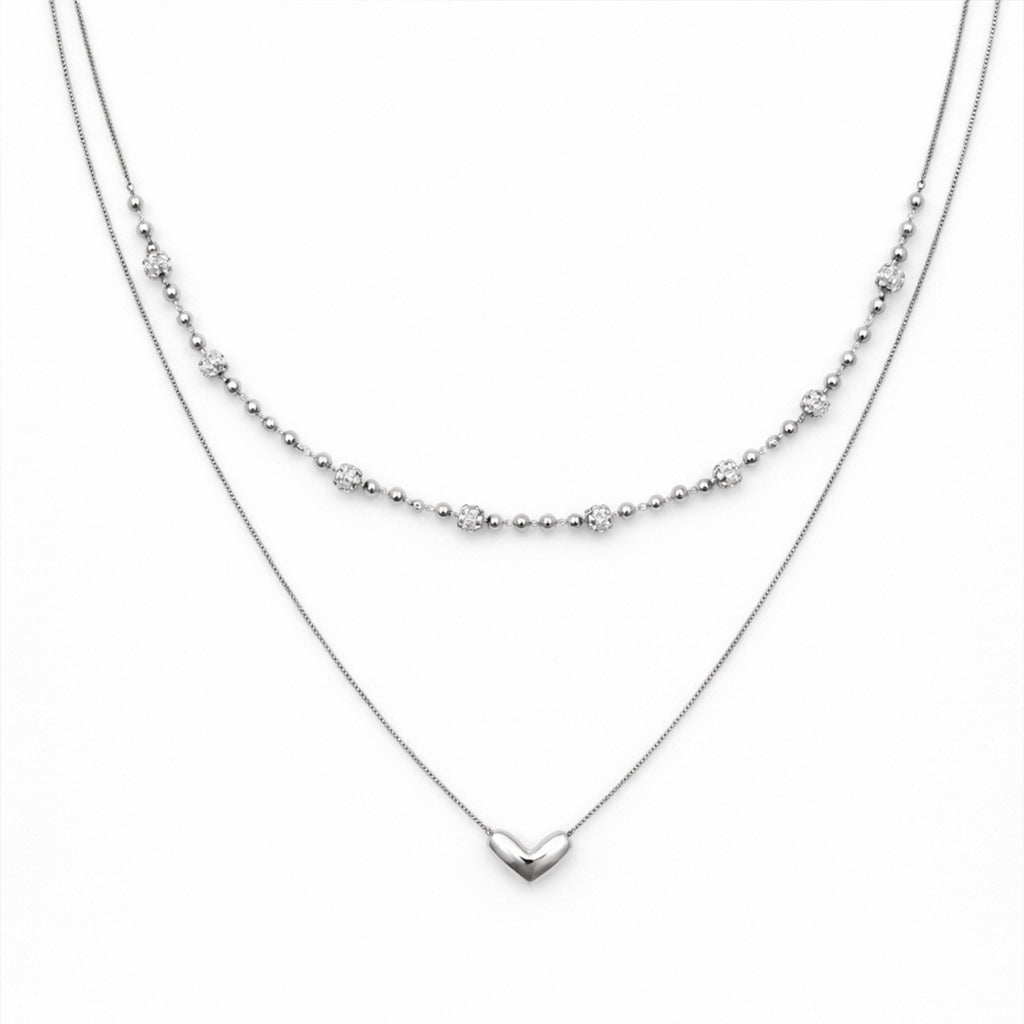 Silver Layered Heart & Spark Beaded Necklace GWN -64