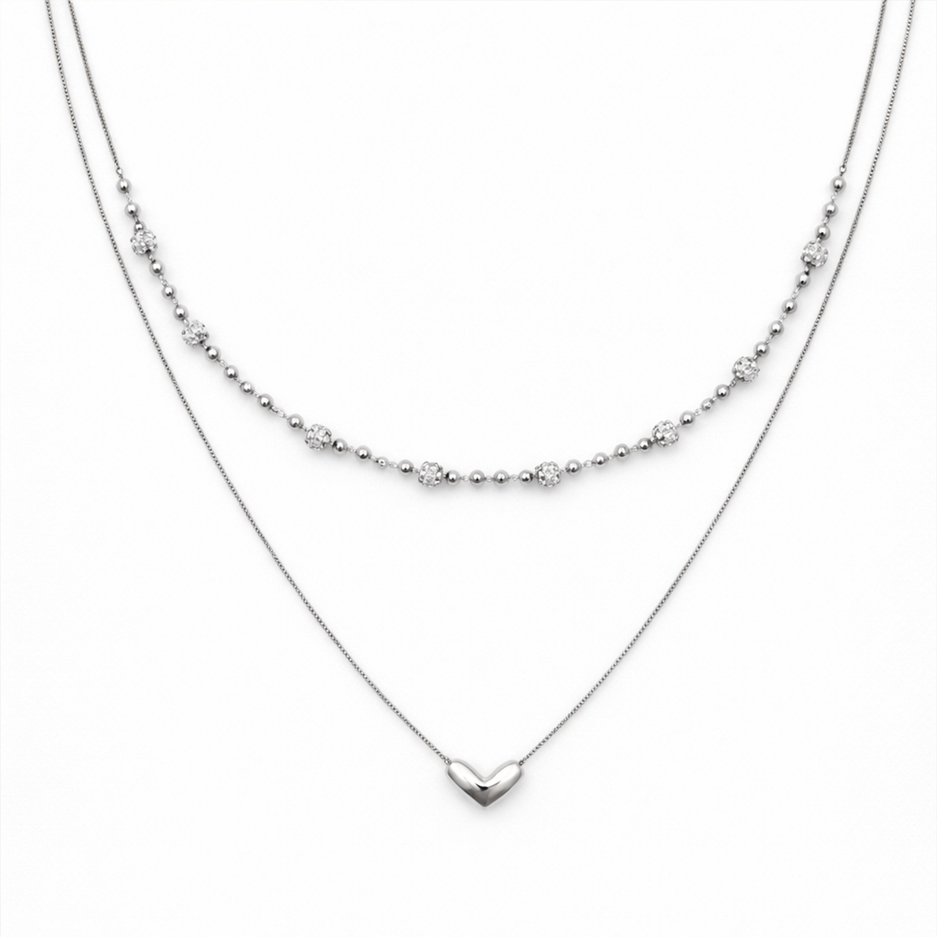 Silver Layered Heart & Spark Beaded Necklace GWN -64