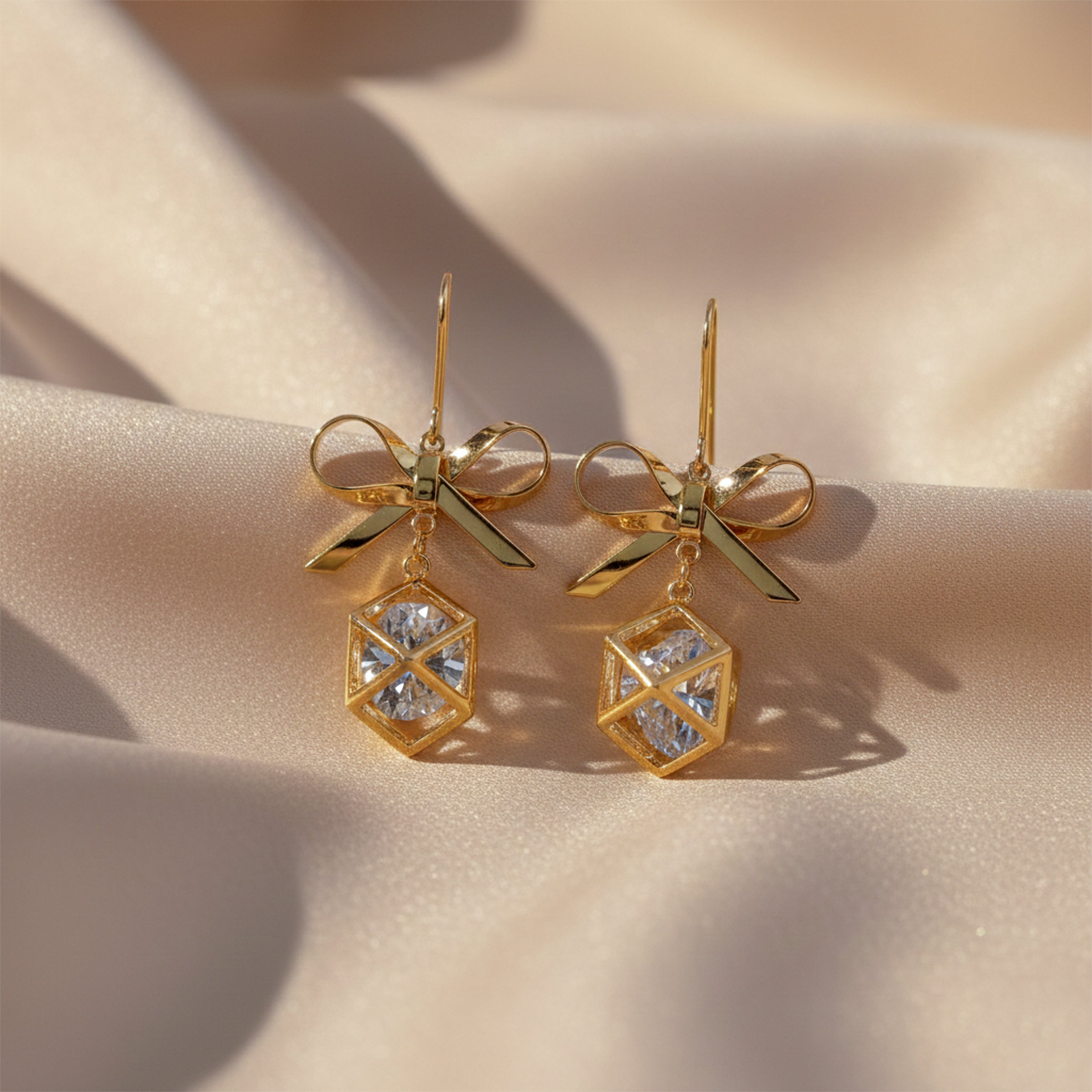 Golden Bow Cube Drop Earrings GWE -110