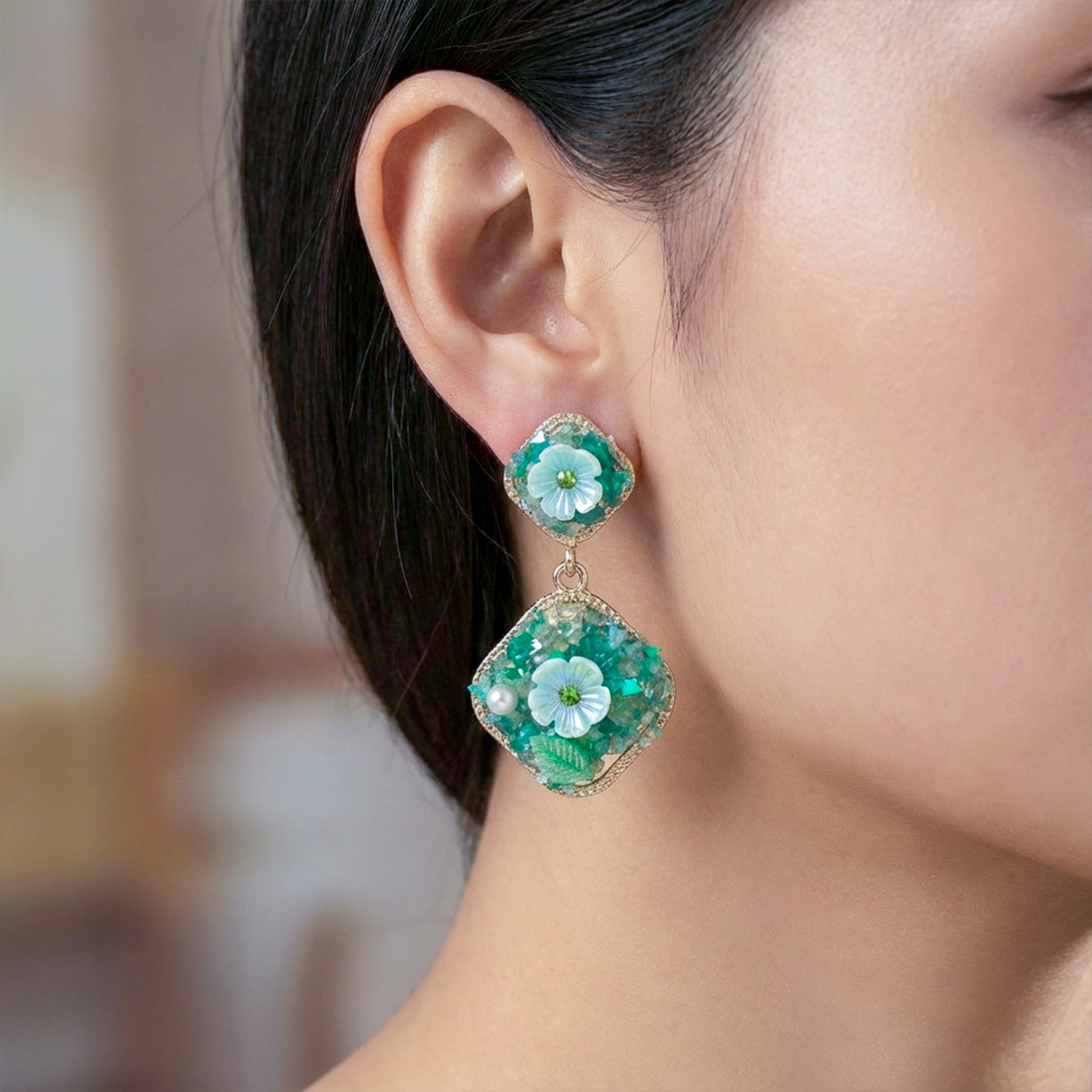 Emerald Bloom Dual Drop Earrings GWE -240