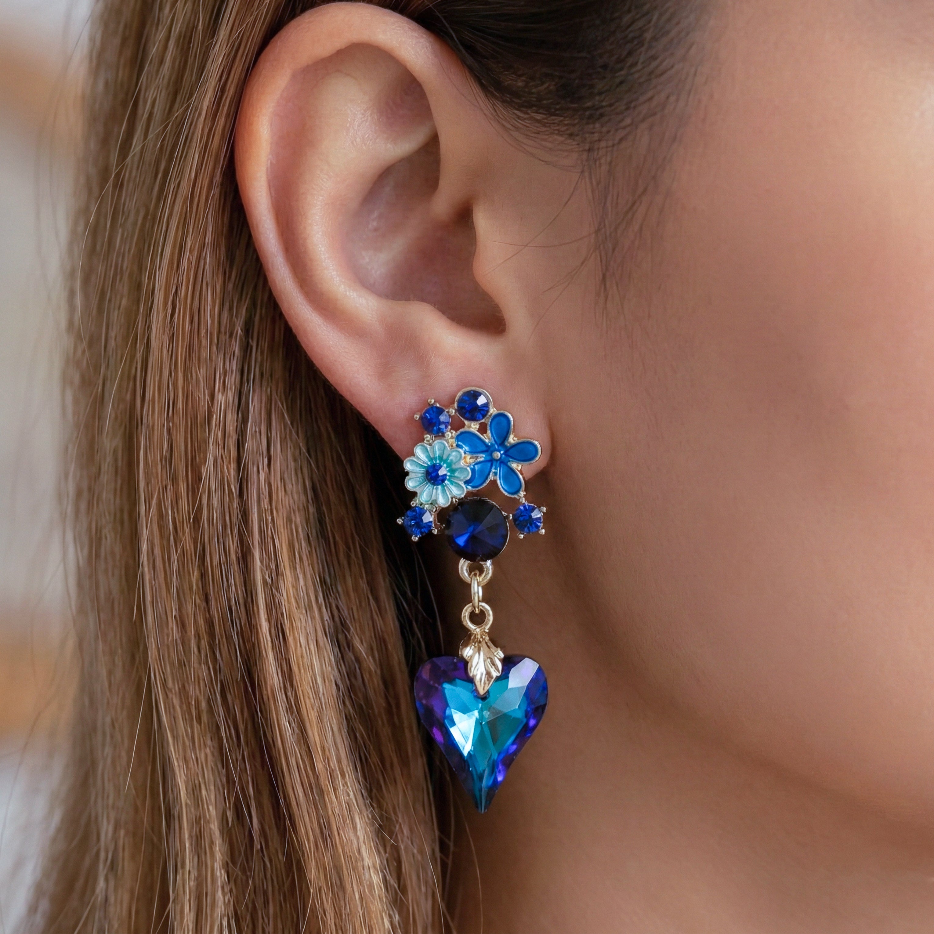 Blue Floral Heart Drop Earrings GWE -173