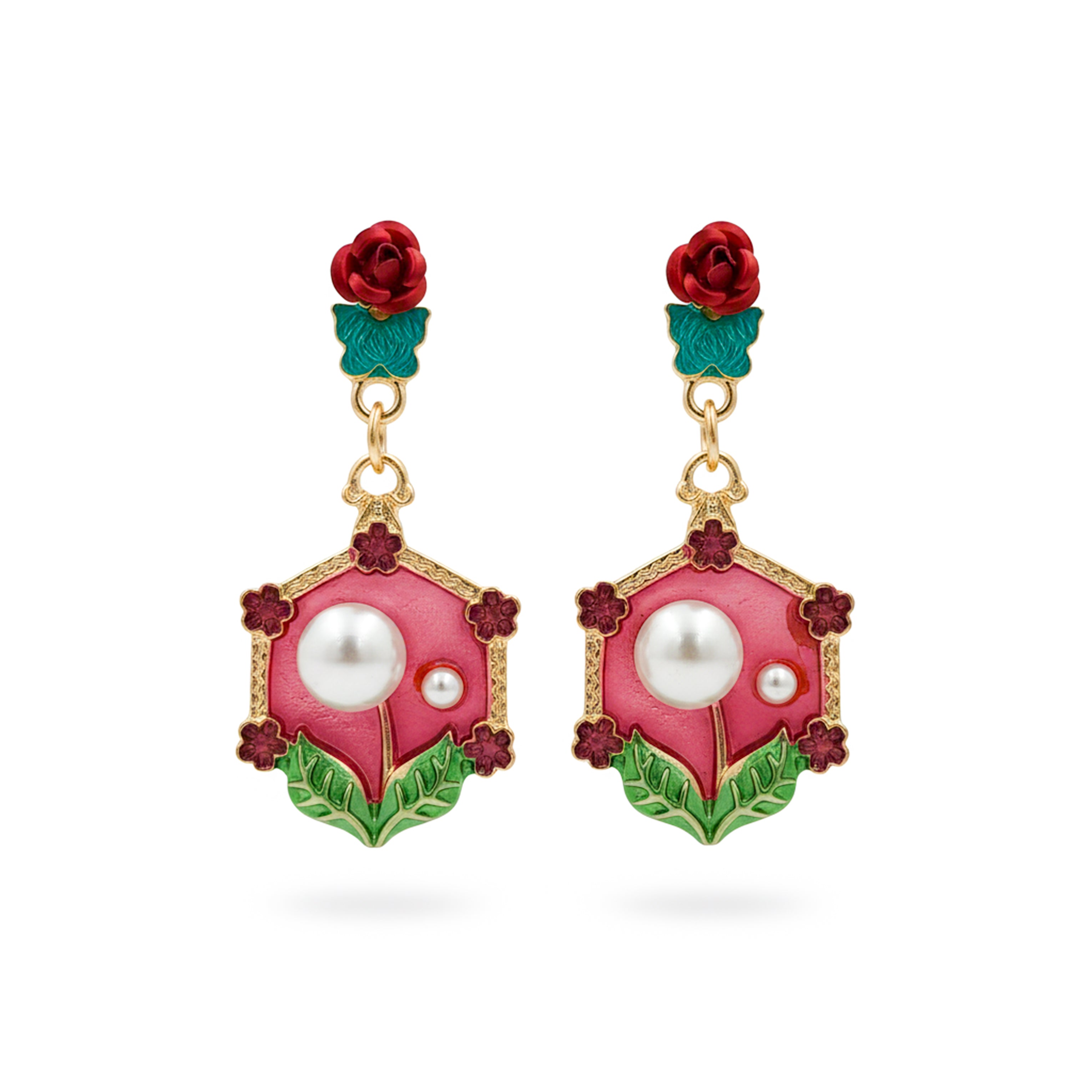 Red Floral Pearl Earrings GWE -228